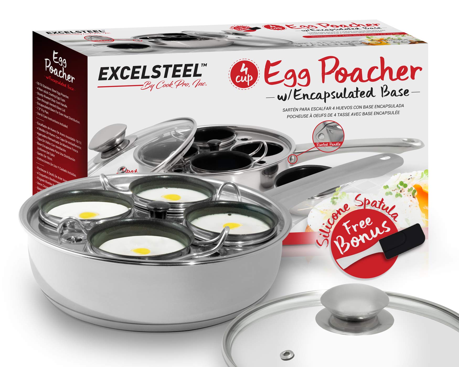 EXCELSTEEL Non Stick Easy Use Rust Resistant Home Kitchen Breakfast Brunch Induction Cooktop Egg Poacher, 4 Cups, 18/10 Stainles