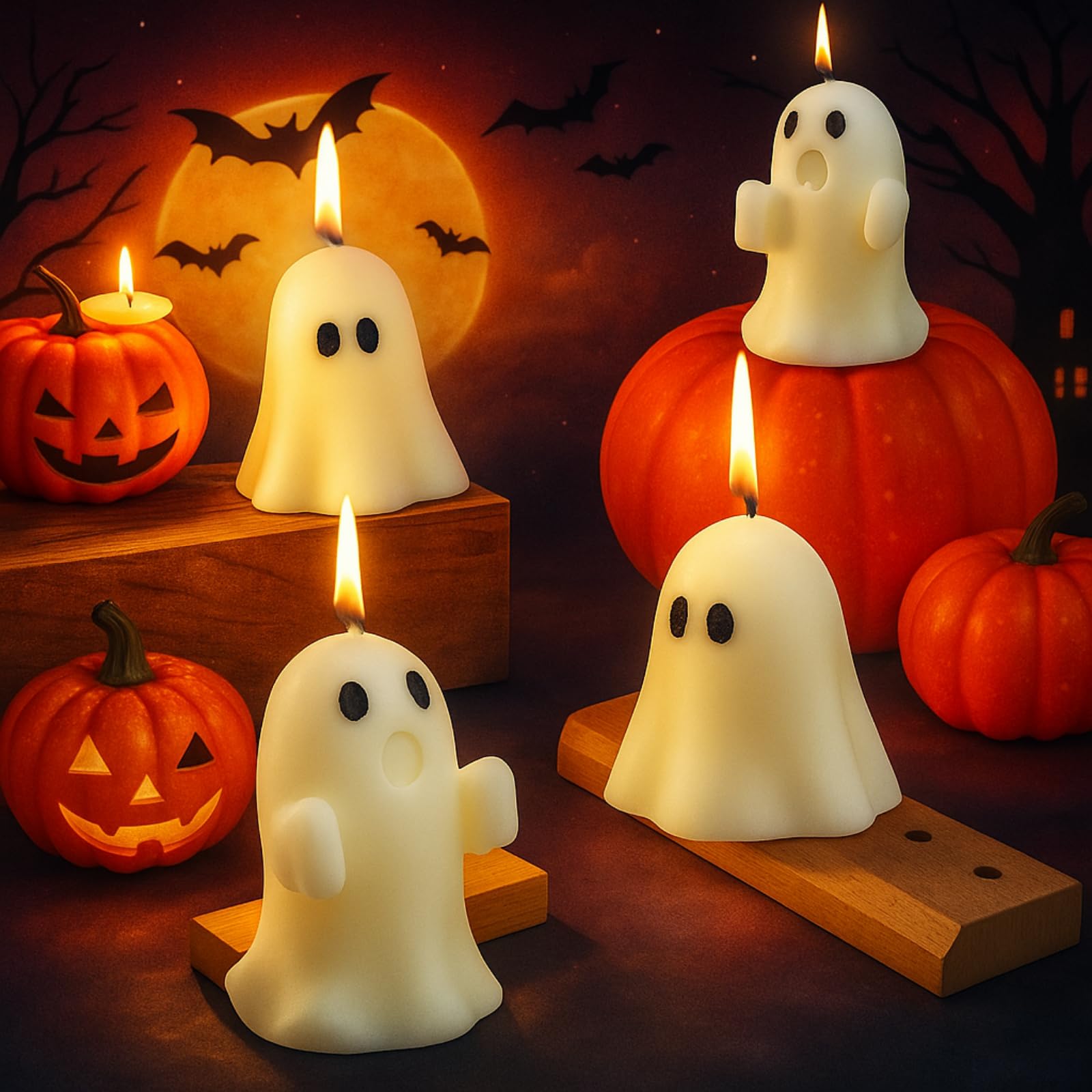 Minatee 4 Pieces Large Halloween Ghost Candles Cute Spooky Fall Decor Burning White Scented Wax Candles Gifts for Boo Basket Stu