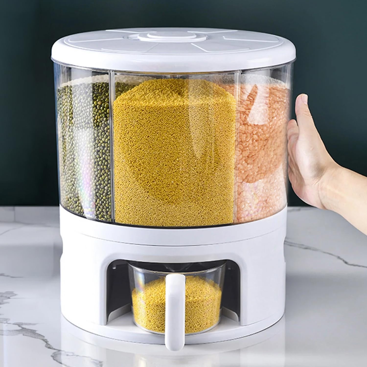 Laxis 6-Grid 360 Rotating Dry Food Dispenser - Airtight Grain & Rice Storage Container, One-Click Cereal & Pulse Organizer, Tran