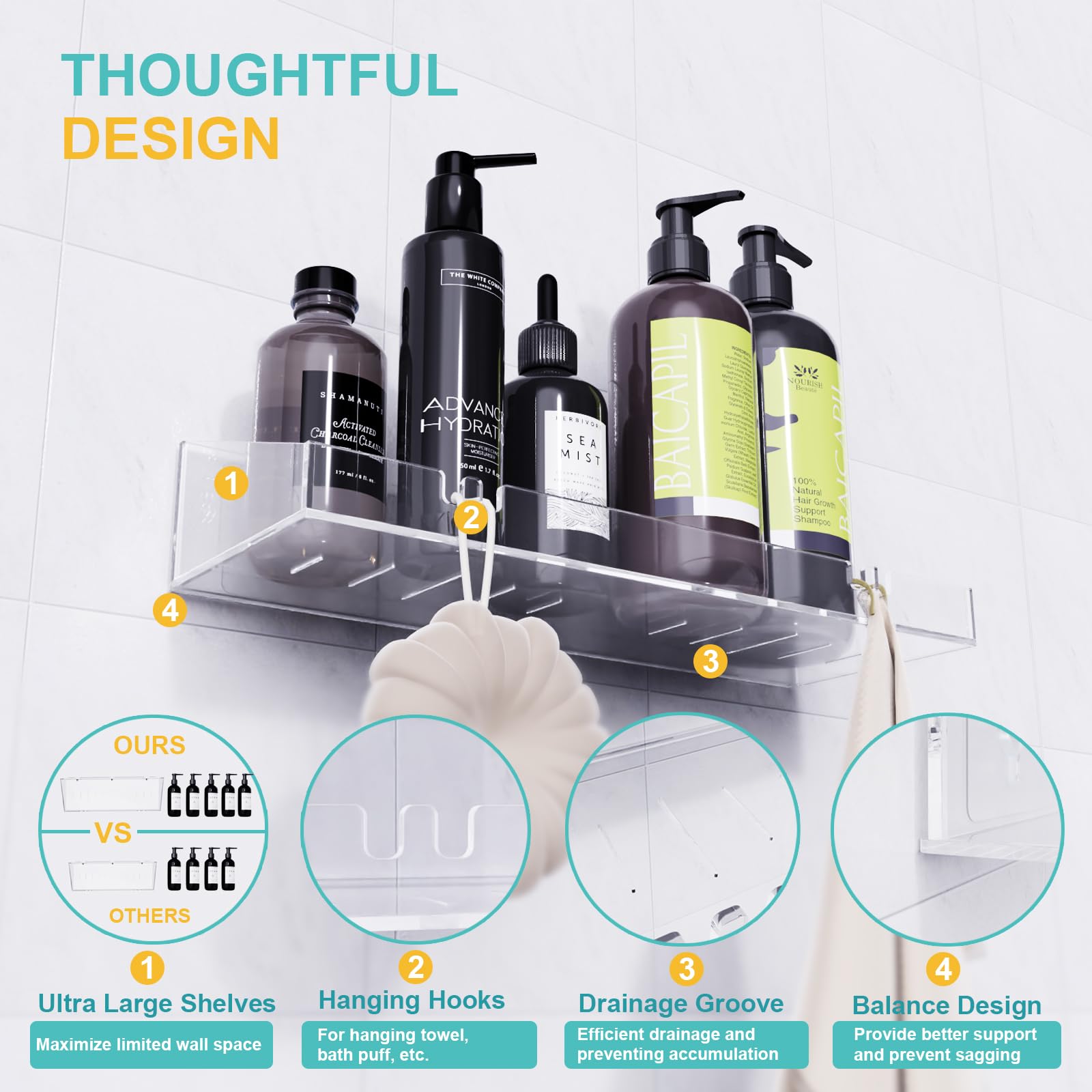 Bakzon Adhesive Shower Caddy, 5 Pack Acrylic Shower Shelves Bath Organizers With Large Capacity, No Drilling Shelves For Bathroo