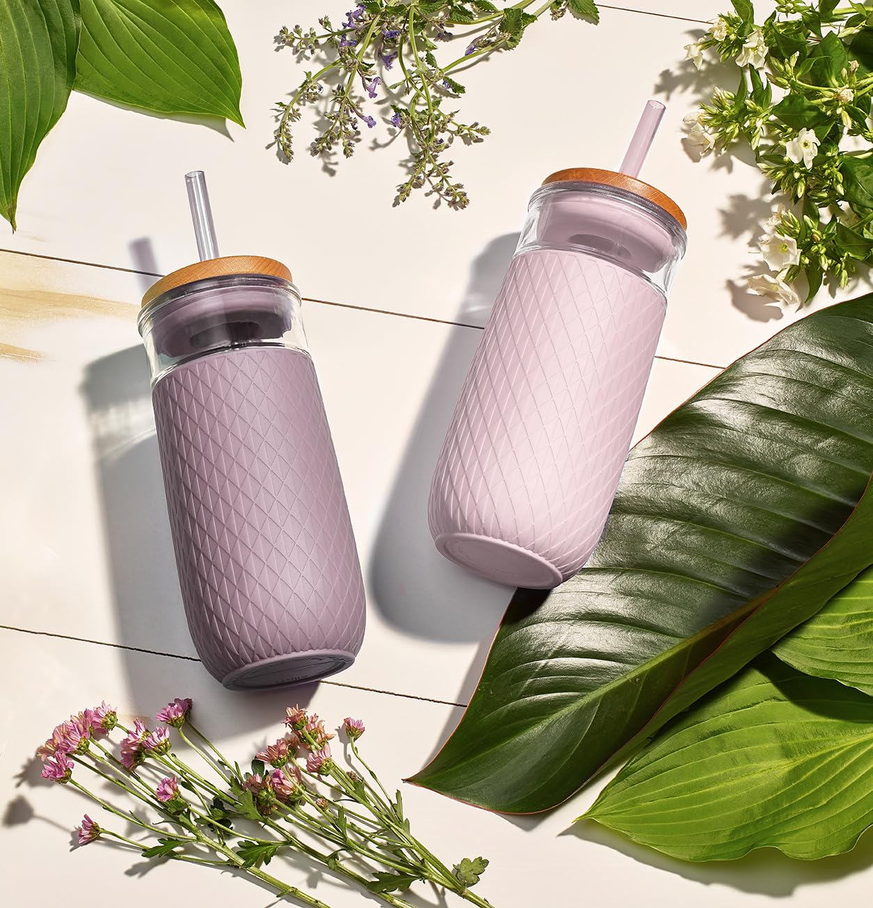 Ello Devon 18oz Glass Tumbler with Straw, Friction Fit Bamboo Wood Lid and Silicone Sleeve | Perfect for Iced Coffee, Tea, and S
