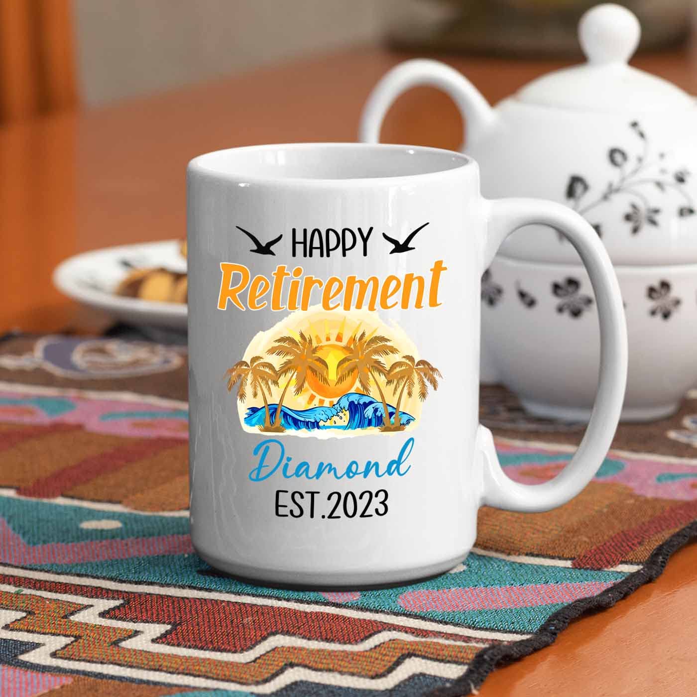 Personalized Happy Retirement Coffee Mugs Cups With Name And Year, Customized Happy Retirement White Ceramic Mug 11 Oz 15 Oz, Re