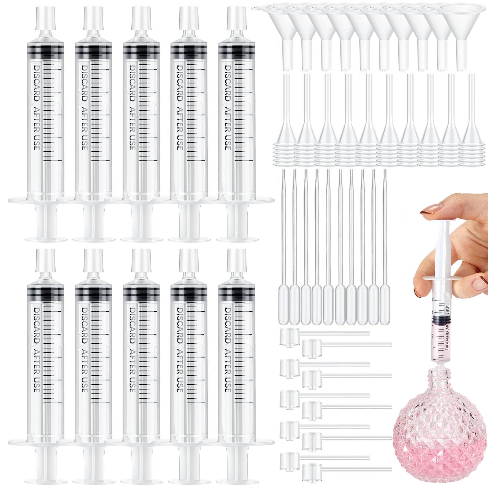 Geiserailie 50 Pcs Perfume Refill Pump Tools Perfume Dispenser Transfer Kit Include Funnels, Dispenser Pumps, Syringes, Droppers