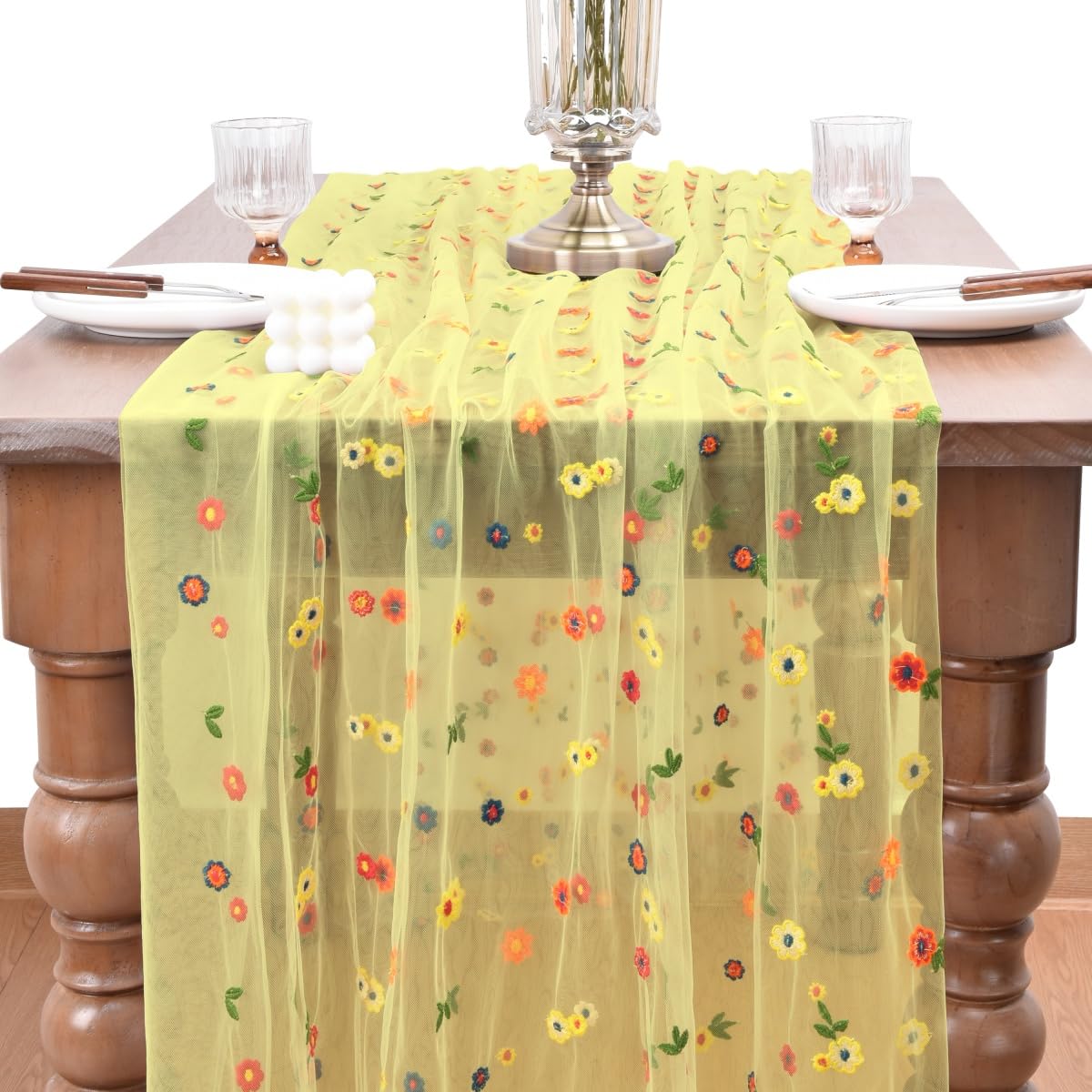 Joanlody 3pcs Yellow Embroidery Daisy Fall Thanksgiving Table Runner Florals Seasonal Tulle Table Runner Holiday Kitchen Dining