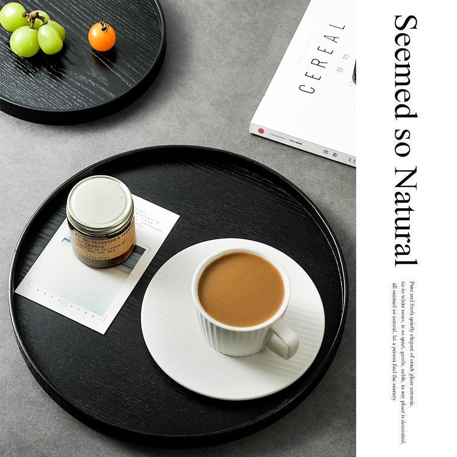 Round Wood Serving Tray, Solid Wooden Decorative Tray Non-Slip Tea Coffee Table Tray Snack Plate Food Meals Serving Tray With Ra