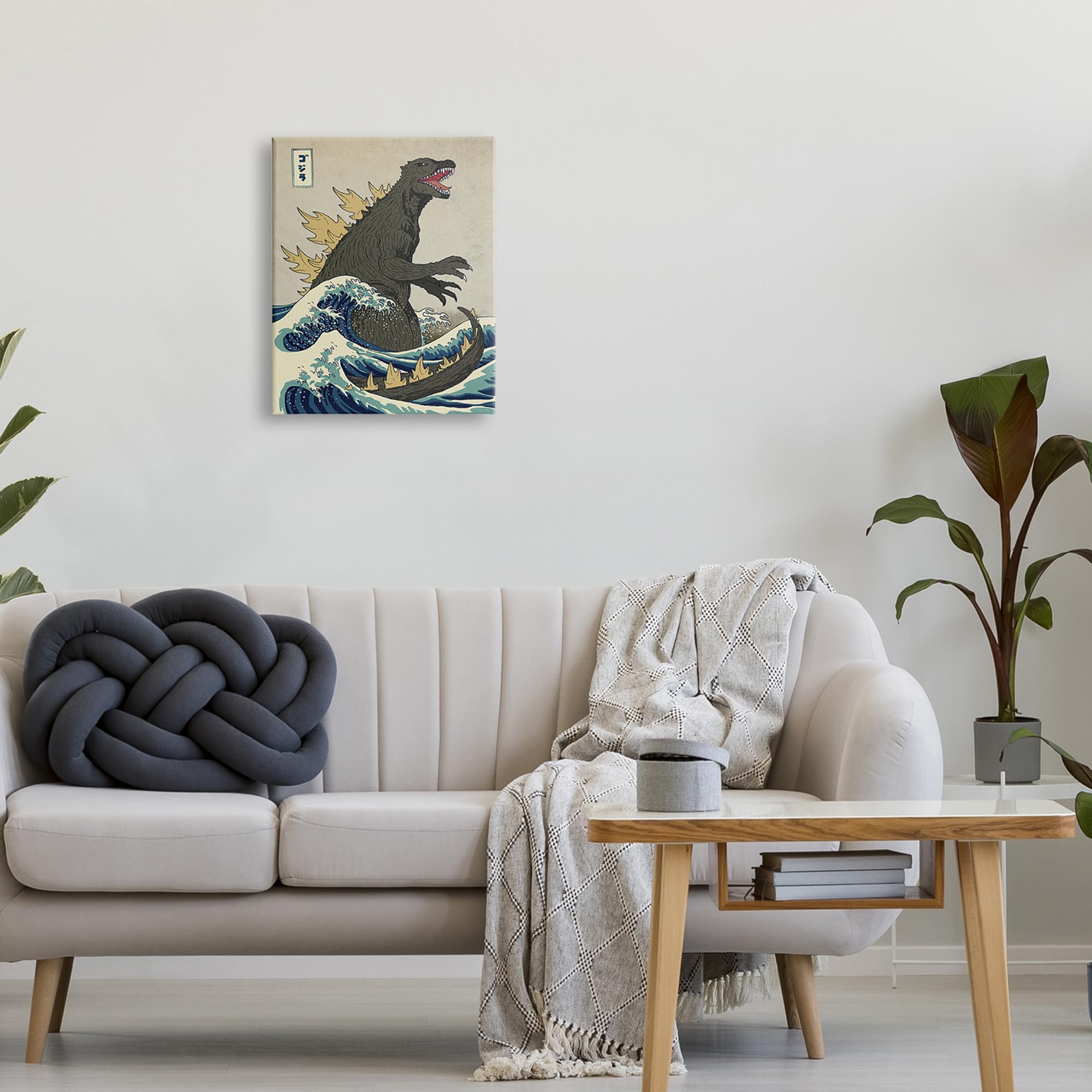 Stupell Industries Godzilla In The Waves Eastern Poster Style Illustration Canvas Wall Art Design By Artist Michael Buxton, 16 X