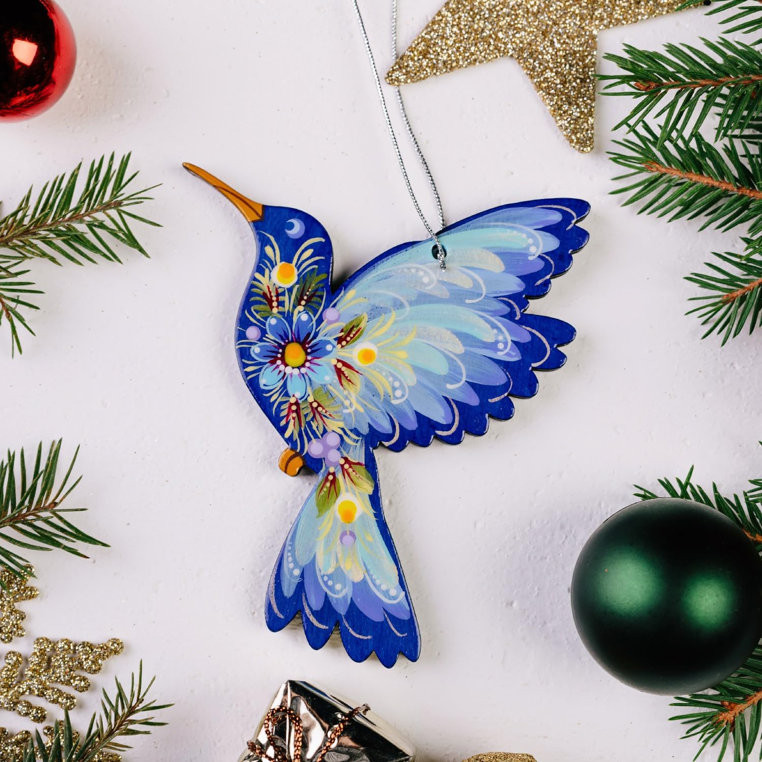 Humminbird Christmas Ornament Made of Wood Hand-Painted Ukrainian Folk Art - Petrykivka Painting