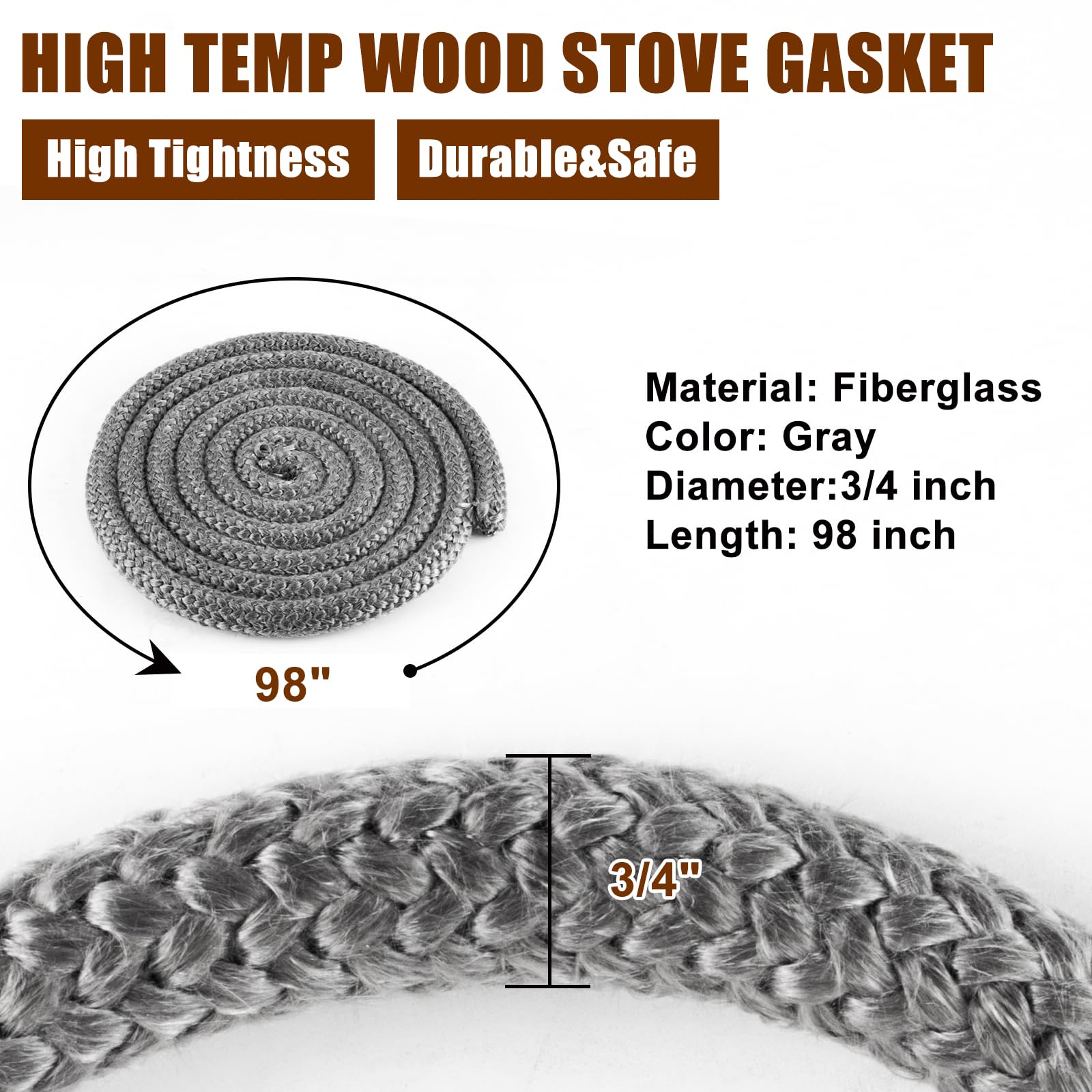Komokeru Wood Stove Gasket - Heat Resistant Fiberglass Rope Seal, 3/4" x 98" for Woodburning Stoves and Fireplaces
