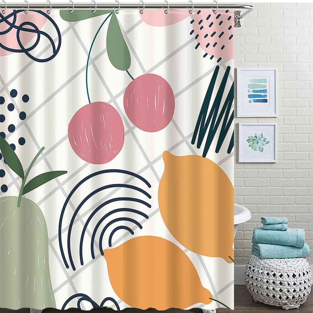 Toktilikt Cute Fruit Shower Curtain Pink Cherry Green Pear Yellow Mango Theme Bathroom Decorations Polyester Supplies Waterproof