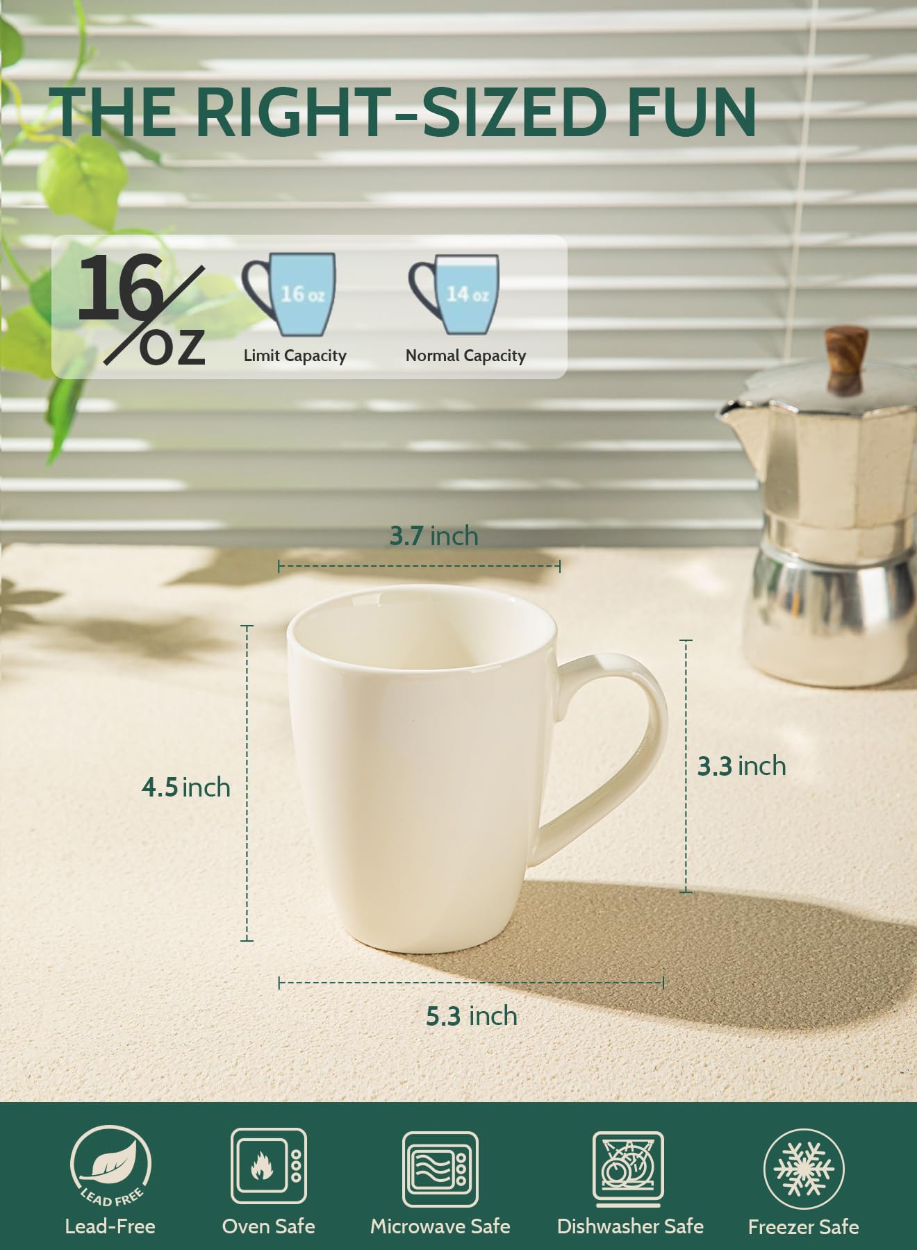 Sweese Porcelain Coffee Mugs - 16 Ounce - Set Of 6, Cups For Latte, Hot Tea, Cappuccino, Mocha, Cocoa, White