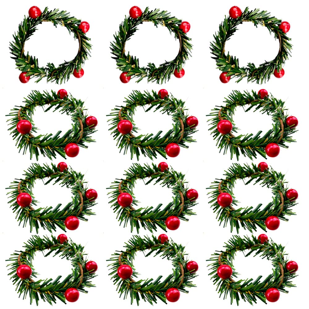 Saktopdeco Christmas Napkin Rings Christmas Napkin Holder Holly Berry Candle Wreath For Banquet Table Decorations Set Of 12