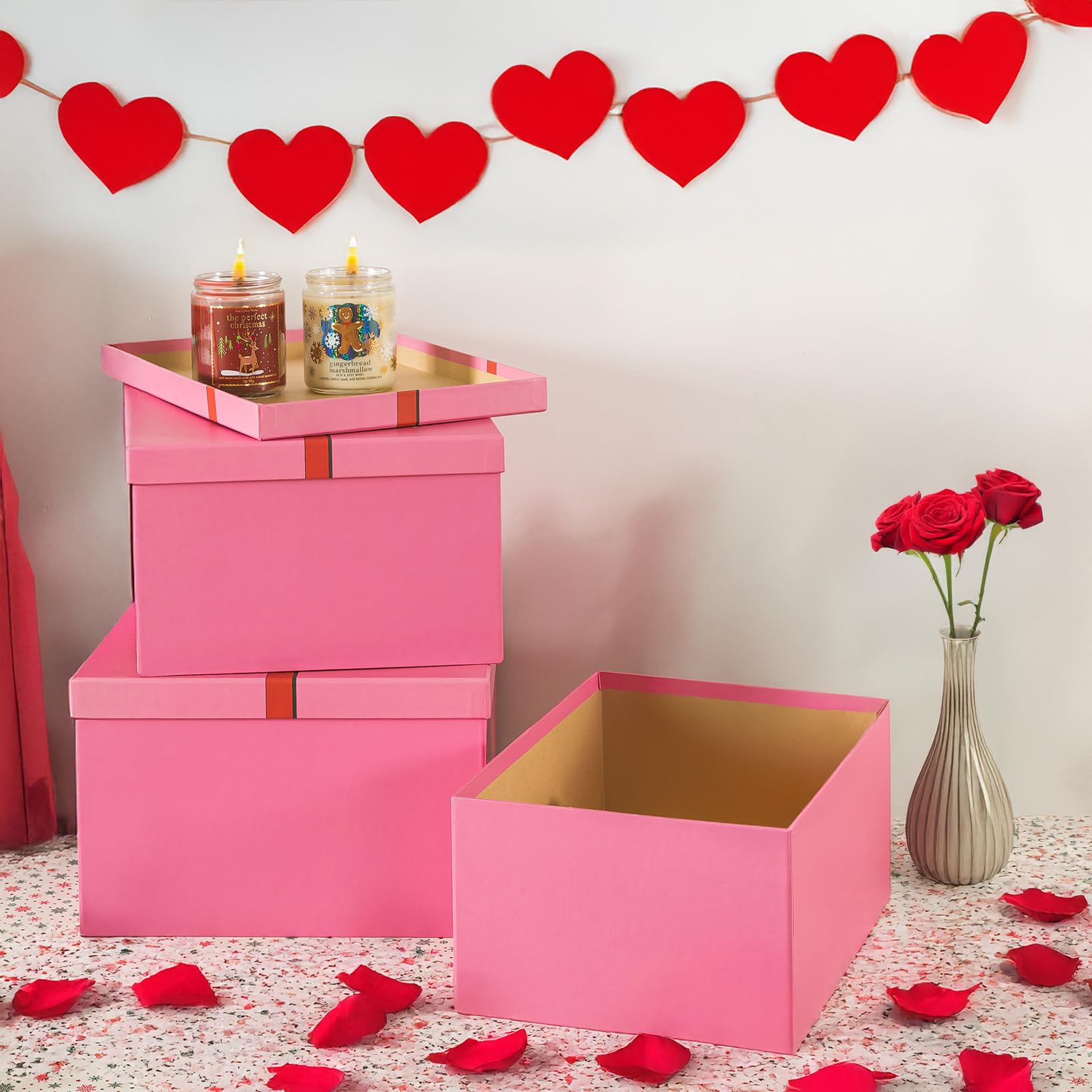 Soul & Lane Pink Valentine s Day Gift Boxes for Presents, Set of 3 Blush Sparkle Cardboard Storage, Large Decorative Keepsake Bo