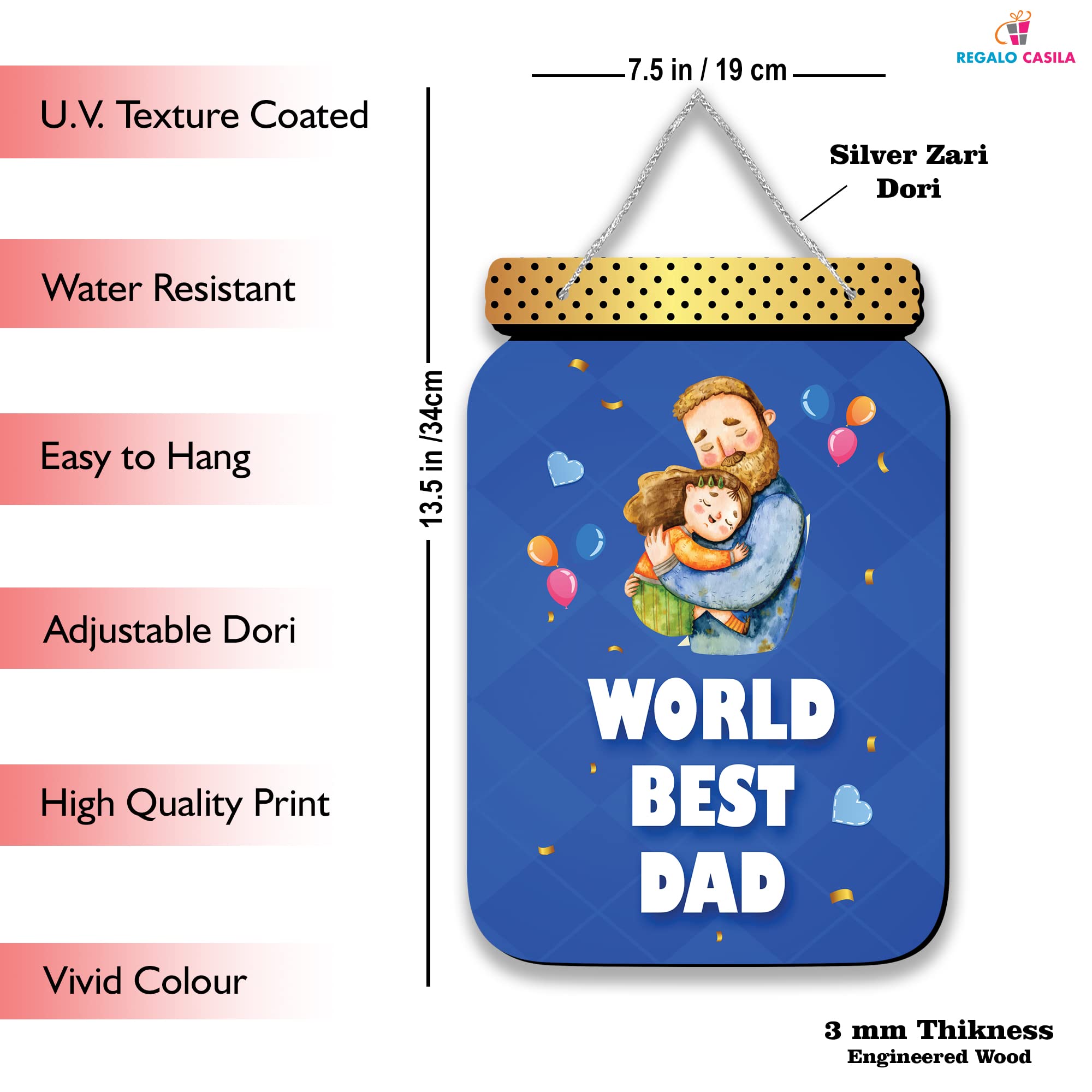 Regalocasila Beautiful World Best Dad Printed Father Birthday Special Wooden Wall Hanging With Adjustable Silver Zari Dori