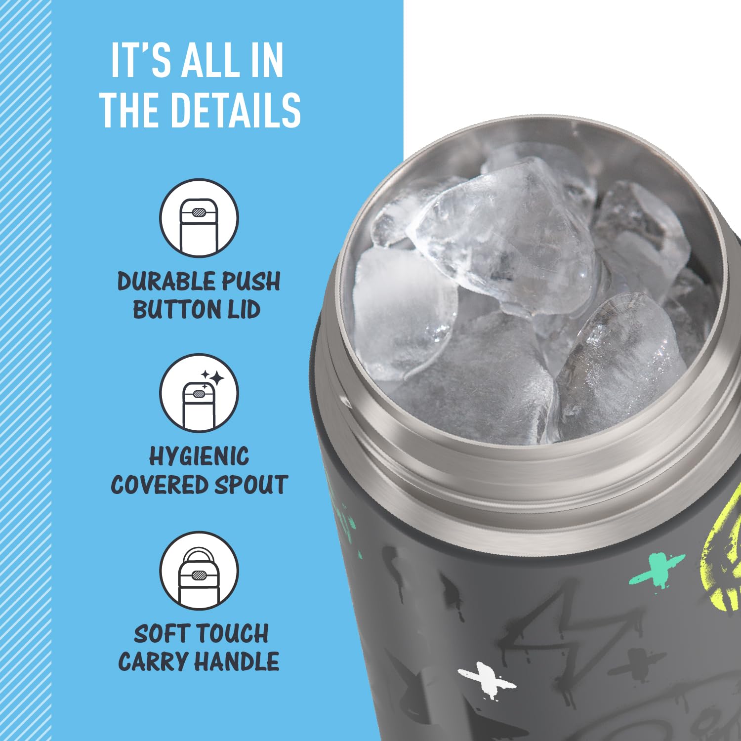 Thermos Funtainer 16 Ounce Stainless Steel Vacuum Insulated Bottle With Wide Spout Lid, Graffiti Boy