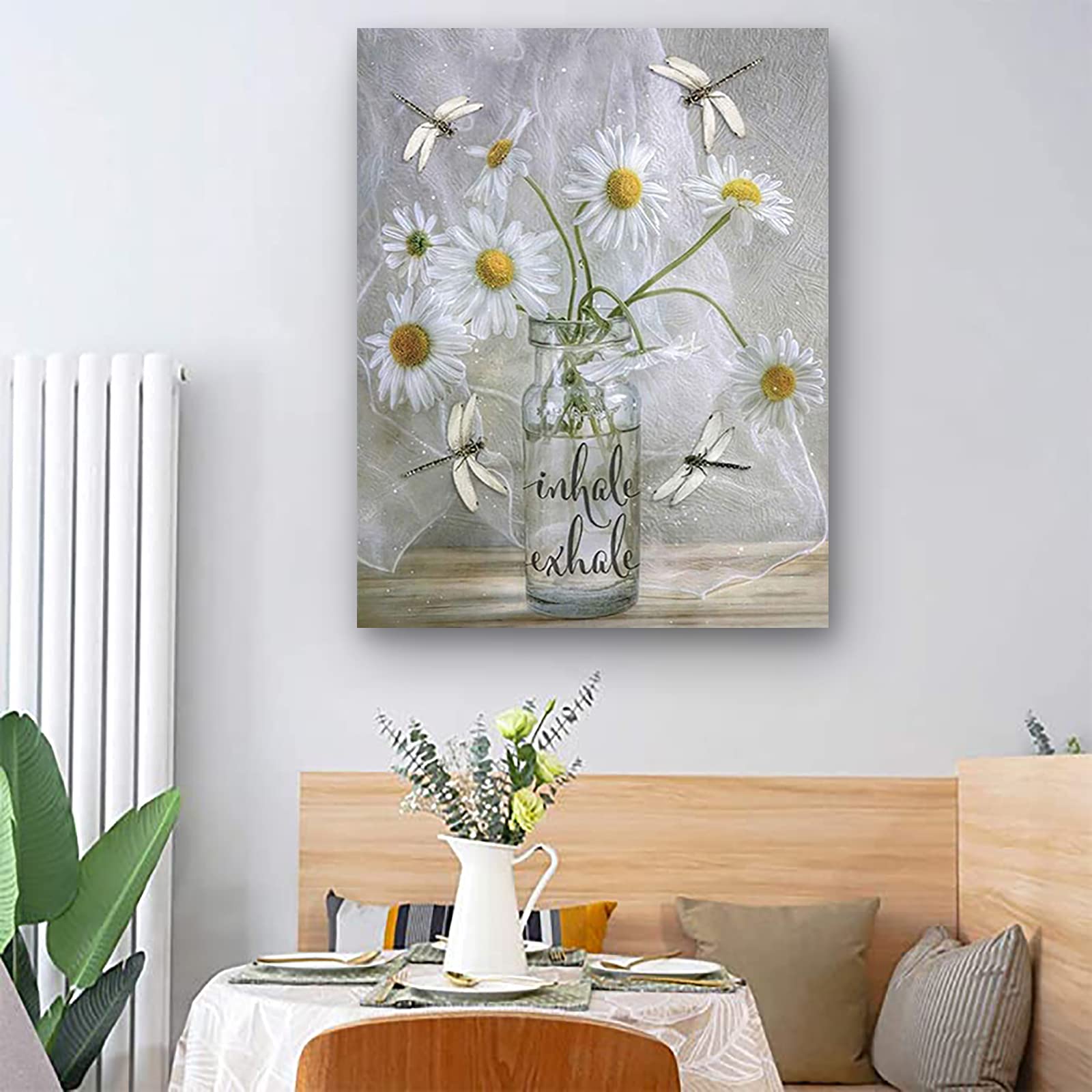 Unikei, Daisy Wall Art Canvas Deep Breath Inhale Exhale Inspirational Art Poster Paintings Flower In Vase White Floral Dragonfli