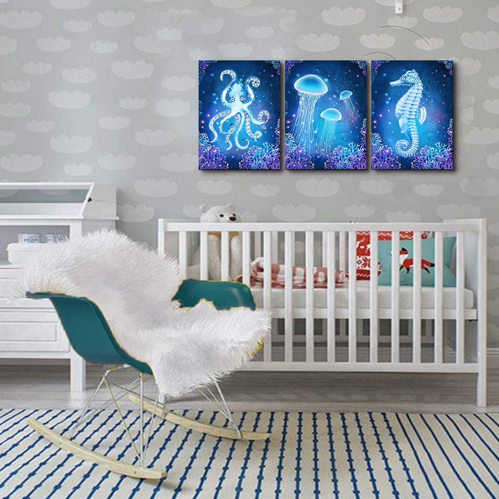 Blue Ocean Life Theme Canvas Prints Wall Art Paintings For Living Room Large size Wall Artworks Sea Animal Sea Horse Octopus Jellyfish Pictures Decorations 3 Panels Home Bathroom Wall Decor Posters