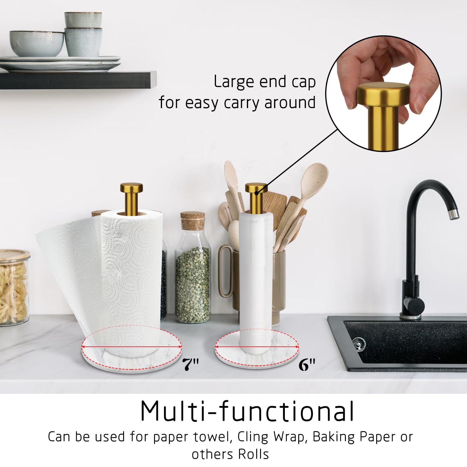 Heshibi Paper Towel Holder Countertop With 7'' Weighted White Marble Base - Modern Free Standing Paper Roll Holder, Brushed Gold
