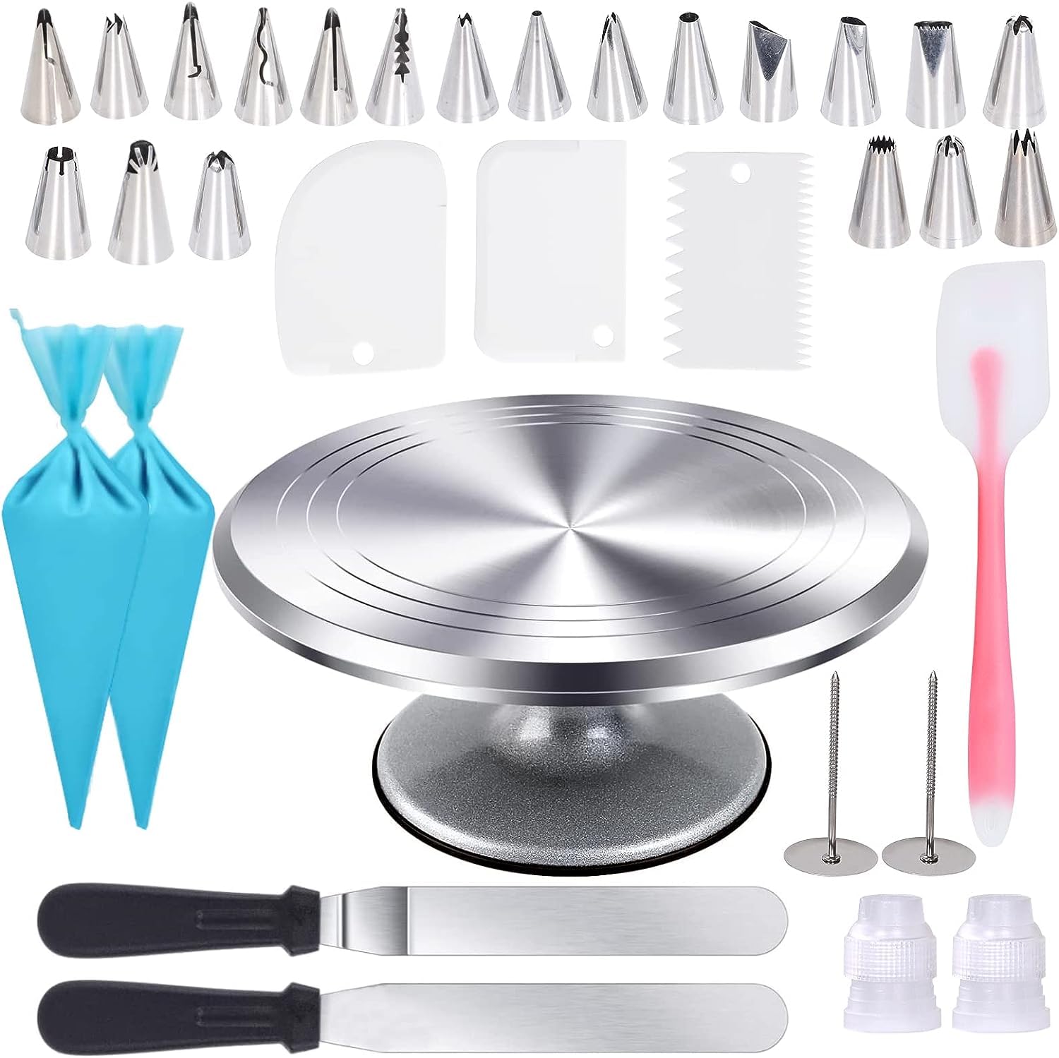 Uten 12 Inch Cake Turntable Cake Decorating Supplies Kit, 33 Pcs Rotating Aluminium Cake Stand Set, Baking Tools With 20 Icing T