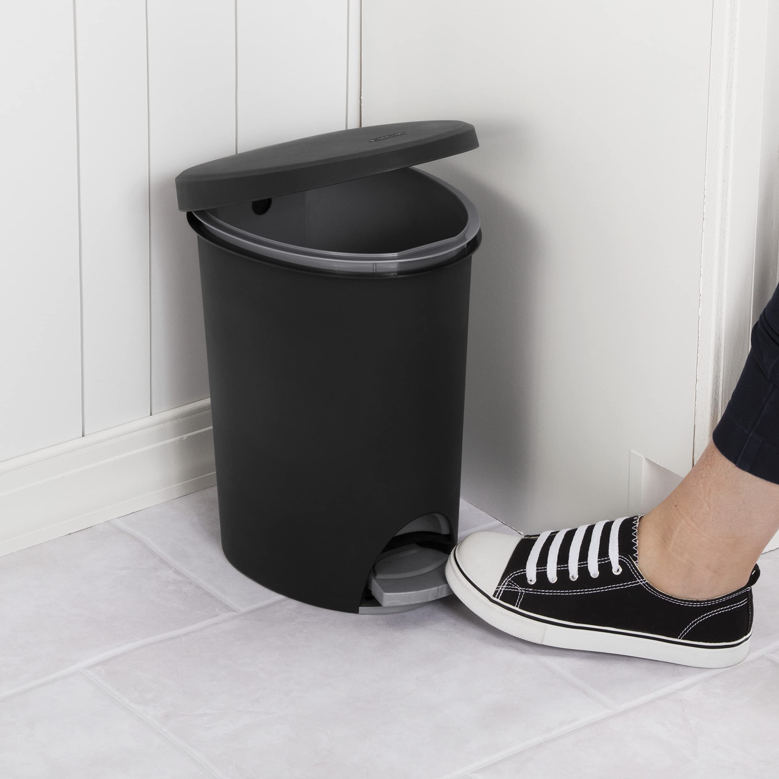 Sterilite 2.6 Gallon Ultra Stepon Wastebasket W/ Lid, Small Plastic Trash Can For The Bathroom, Bedroom, Or Dorm, Pedal And Line