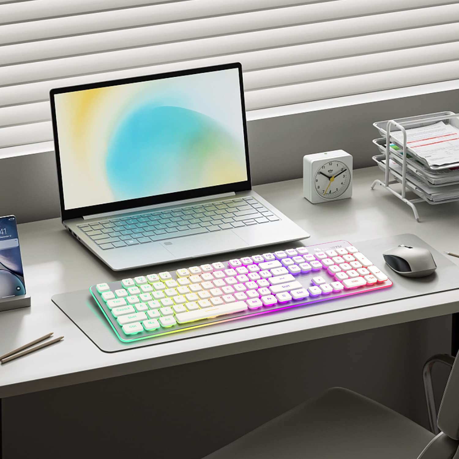 Langtu W1 Wireless Gaming Keyboard, Rechargeable 24G Rainbow Backlit Led Keyboard With Metal Panel, 104 Keys Wireless Computer K