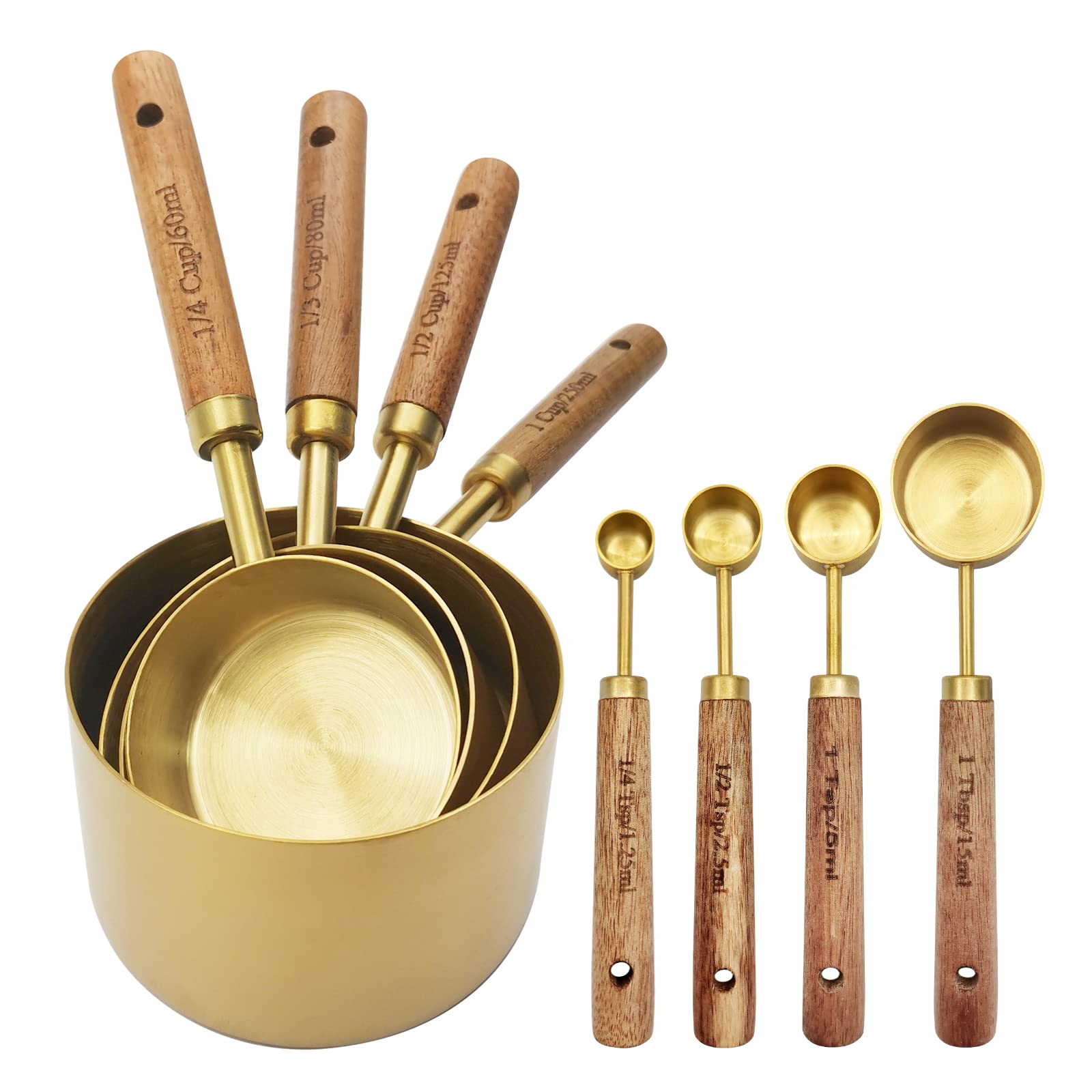Zalaxt Gold Measuring Cups And Spoons Set With Fragrant Wood Handle, Measuring Cups, Metal Measuring Spoons And Measuring Cup Se