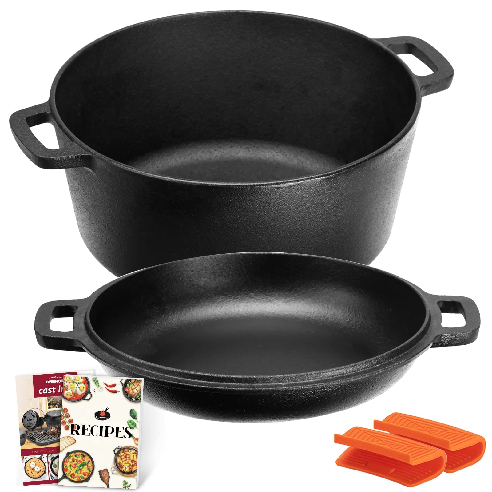 Overmont 2 In 1 Pre Seasoned Dutch Oven With Skillet Lid For Induction, Electric, Grill, Stovetop, Bbq, Camping (5 Quart)