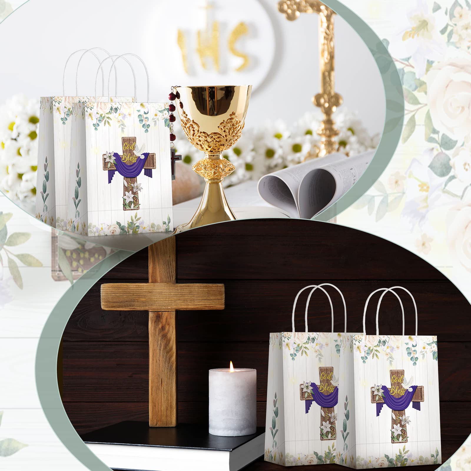 18 Pcs Baptism Gift Bags First Communion Gift Bags Religious Party Favor Bags God Bless Christianity Cross Paper Goodie Bags Bap