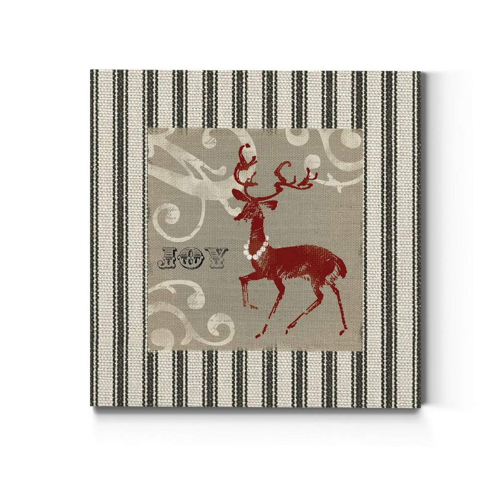 Renditions Gallery Joy Reindeer Wall Art, Cute Christmas & Winter Decor, White & Red With Striped Fabric Look, Premium Gallery W