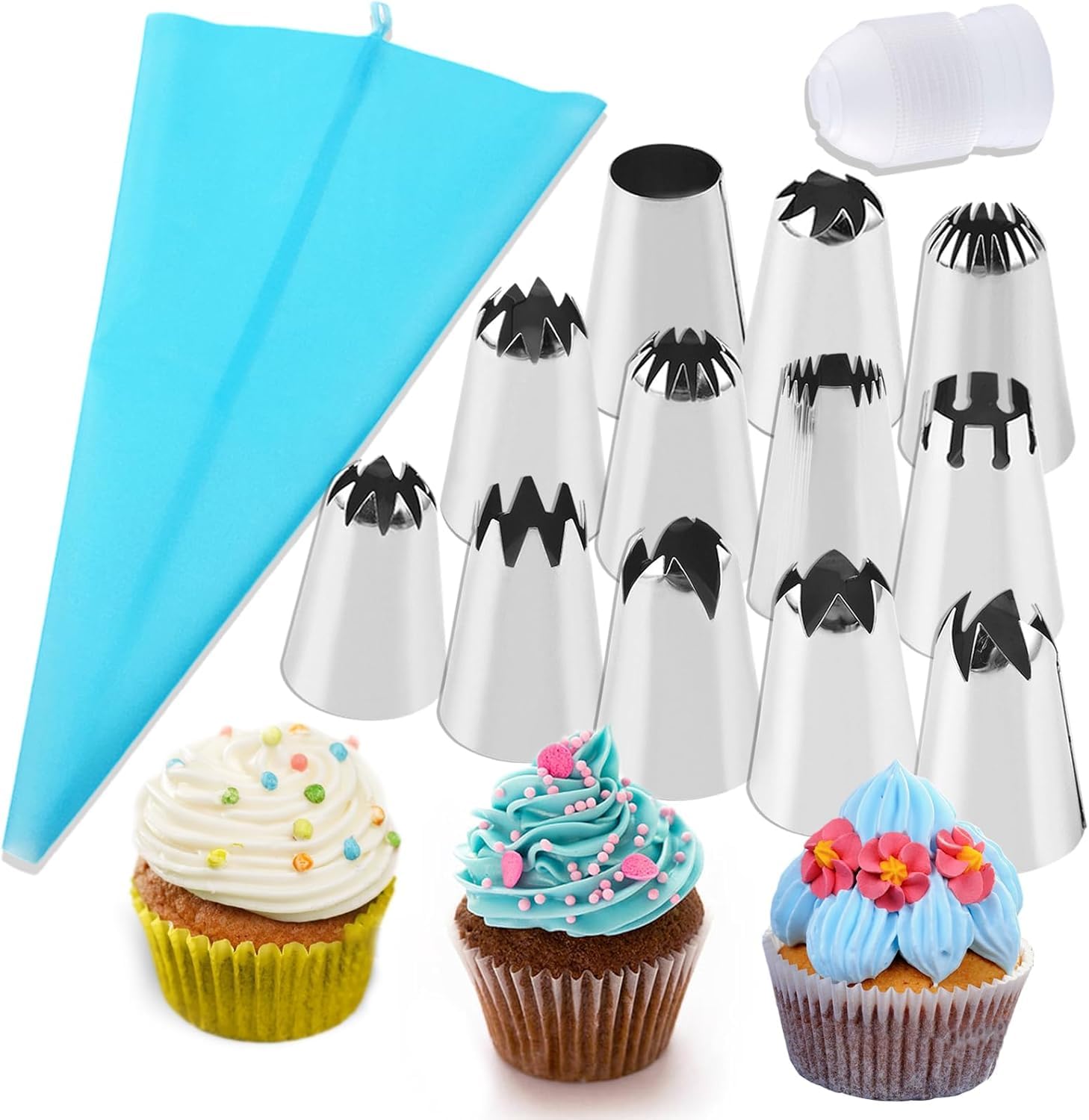 Clicksy Cake 12 Piece Cake Decorating Set Frosting Icing Piping Bag Tips With Steel Nozzles. Reusable & Washable.