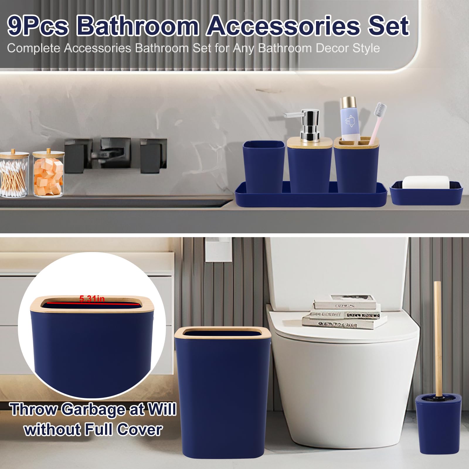 Bathroom Accessories Set, 9 Piece Navy Blue Hollow Bathroom Accessory Set With Trash Can,Toothbrush Holder,Toothbrush Cup,Lotion