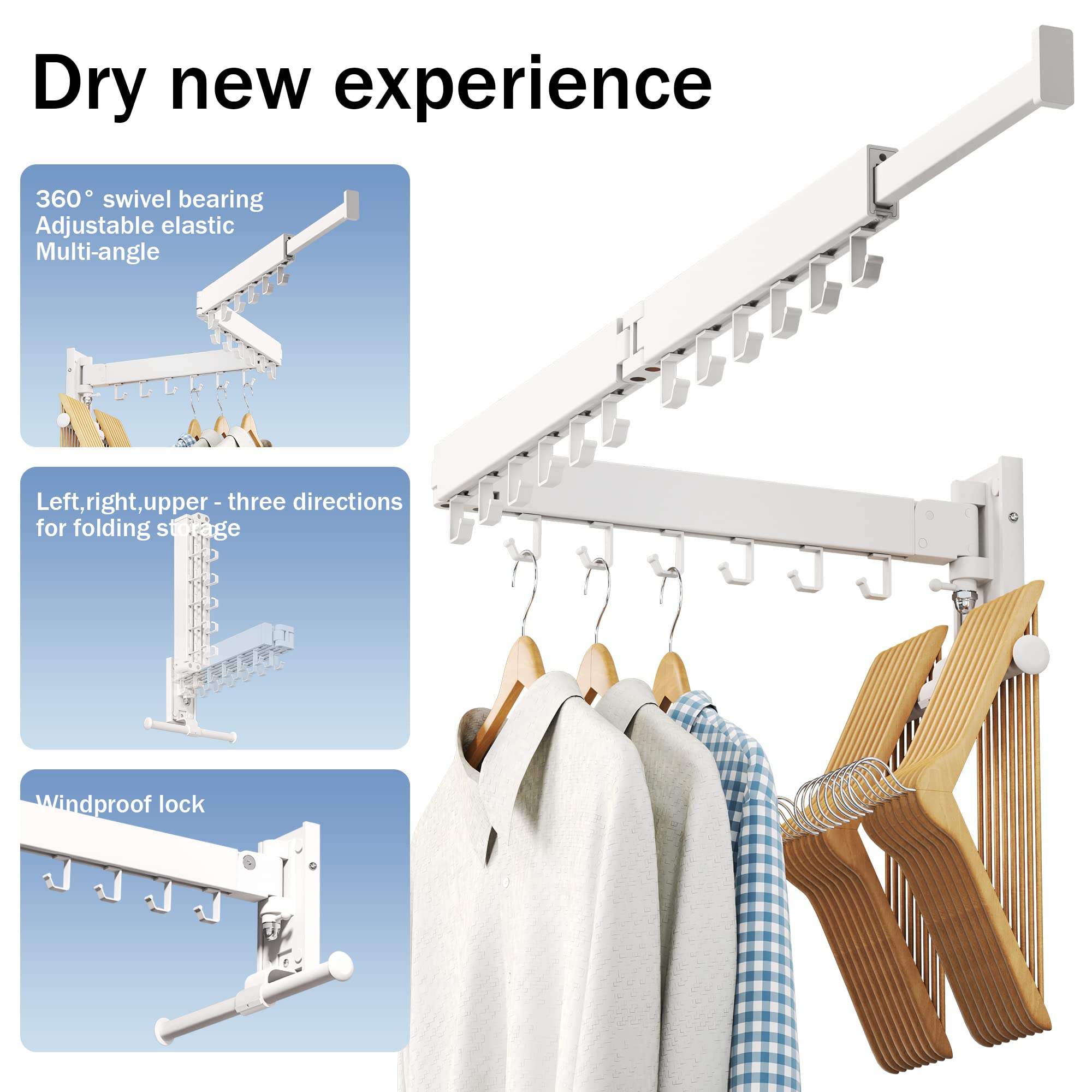 LIENAHU Clothes Drying Rack Laundry Drying Rack Clothes Rack Wall Mount Wall Mounted Laundry Rack Folding Retractable Clothing Rack Collapsible Clothes Hanging Rack(can fold Upward)-White