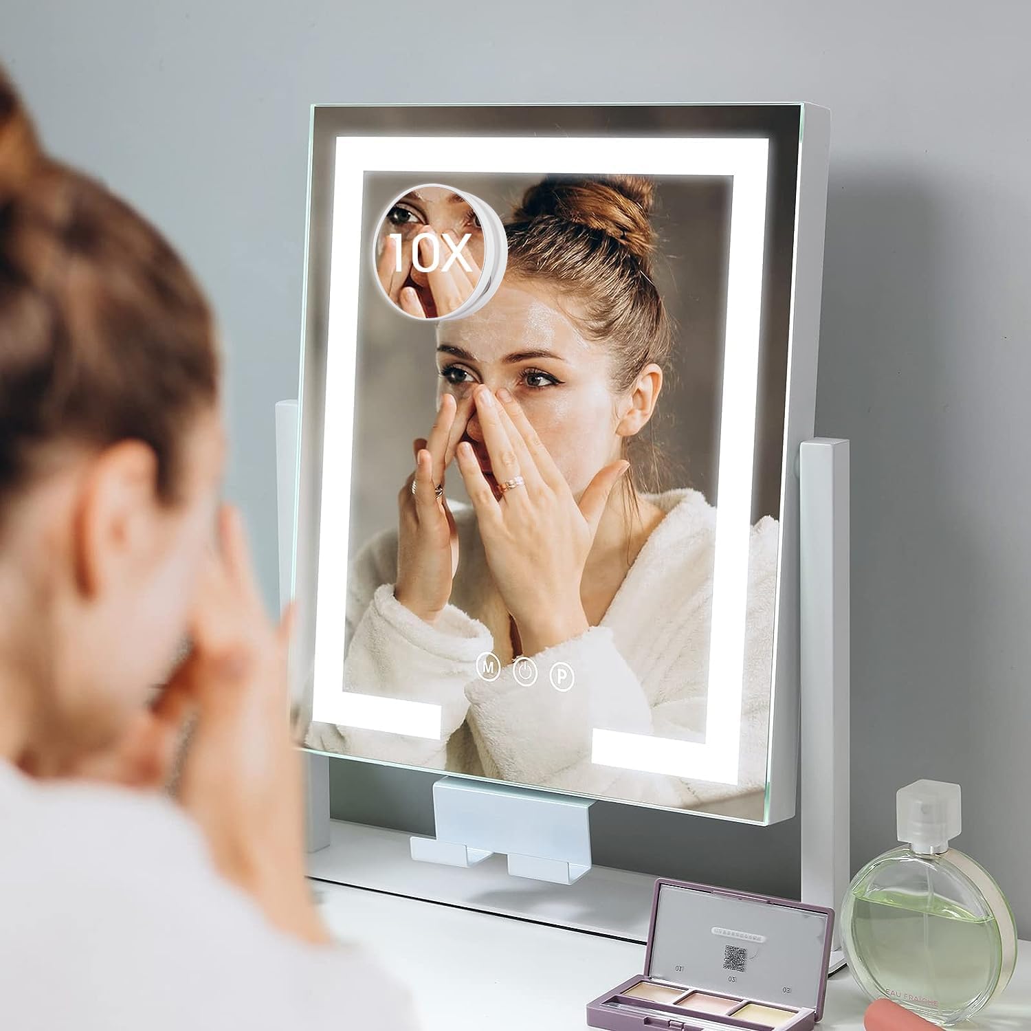 Kottova Makeup Mirror with Lights Vanity Mirror Lighted up Mirror with Phone Holder 3 Color Modes Touch Control  Detachable 10X Magnification Mirror  Metal Frame White