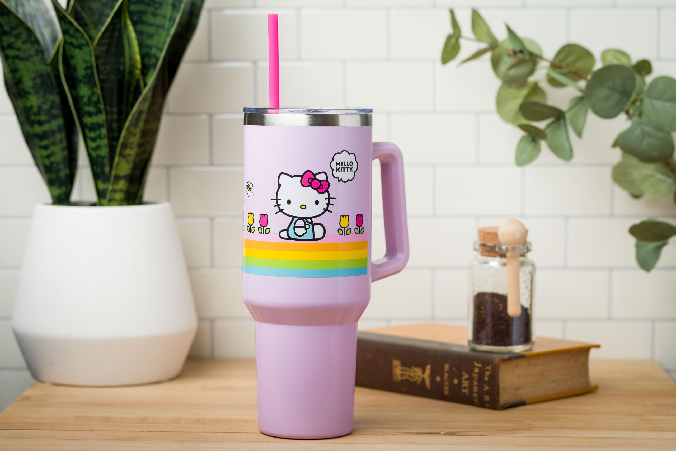 Silver Buffalo Sanrio Hello Kitty Spring And Summer Flowers Rainbow Stripes Stainless Steel Tumbler With Handle And Straw, Fits