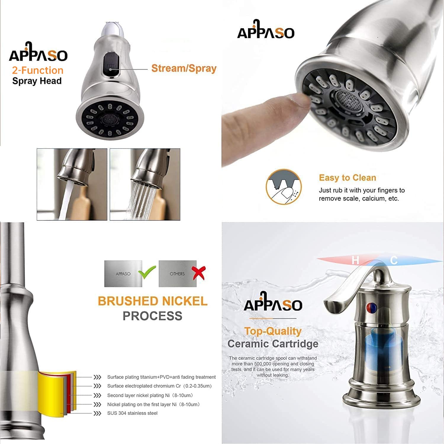 APPASO 3 Hole Kitchen Faucet with Pull Down Sprayer Brushed Nickel  3 Pieces Kitchen Sink Faucet with Soap Dispenser and Side Single Handle  Stainless Steel  228BN