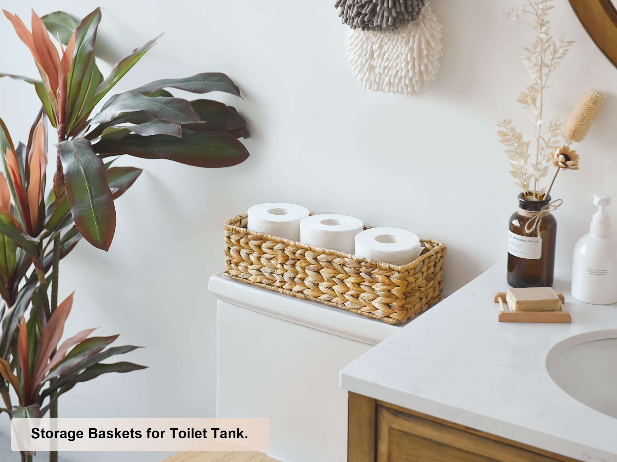 Storageworks Wicker Tank Topper Basket, Water Hyacinth Storage For Bathroom, 2 Pack