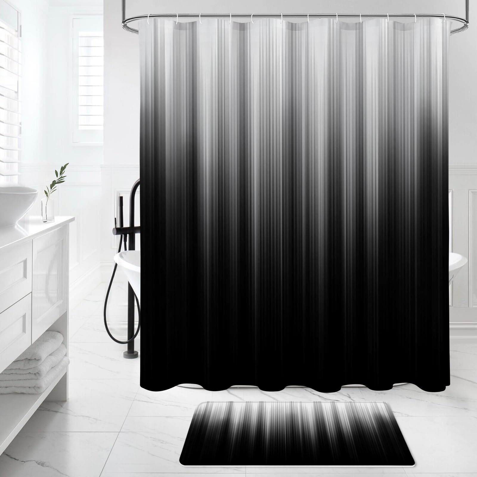 Litabel 4 Pcs Grey And Black Gradient Shower Curtain Set With Rugs And Toilet Lid Cover, Modern Simple Waterproof Fabric Bathroo