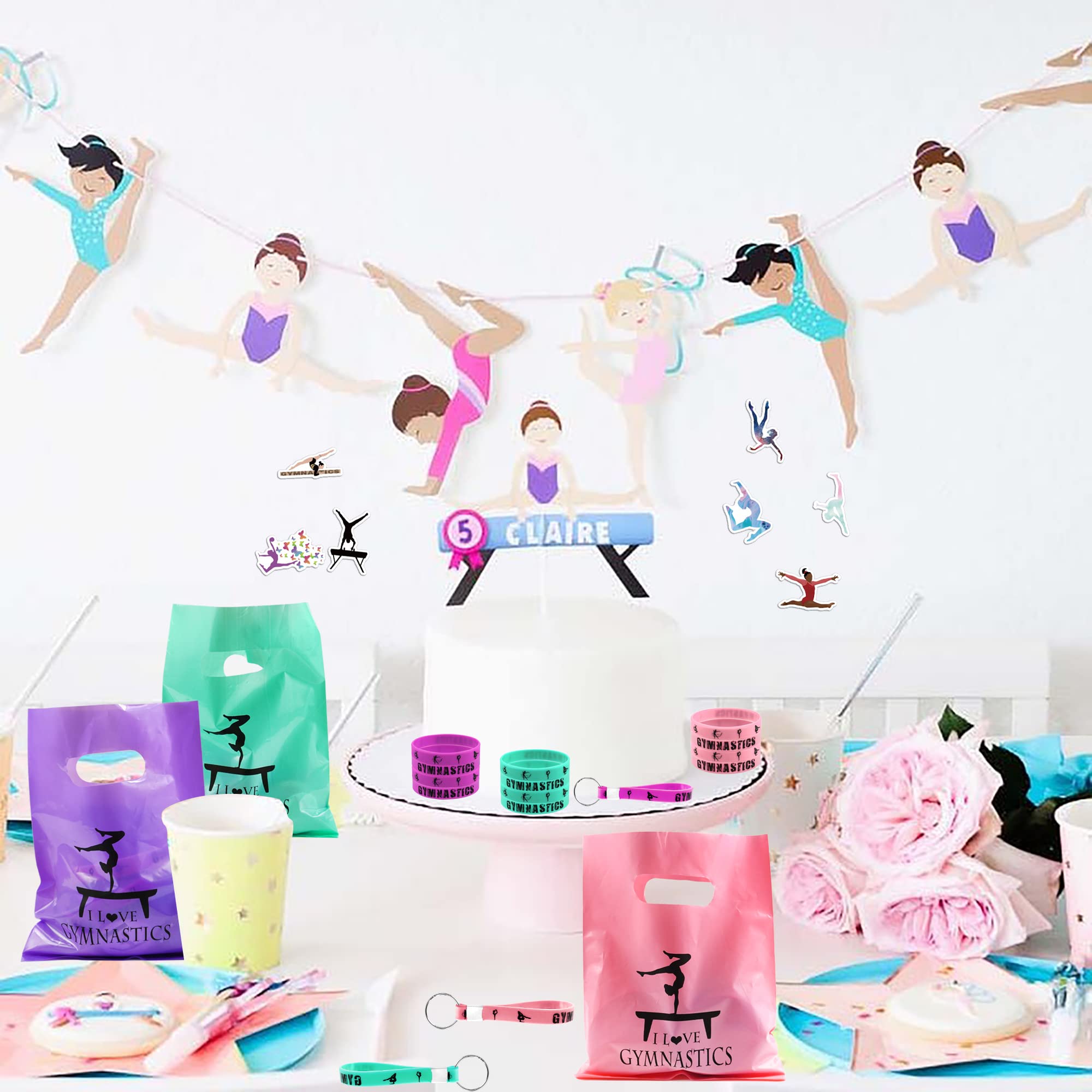 Banballon 98 Gymnastics Party Favors, Gymnastics Keychain Goodie Bags With Rubber Bracelets, Button Pins, Bags And Stickers For