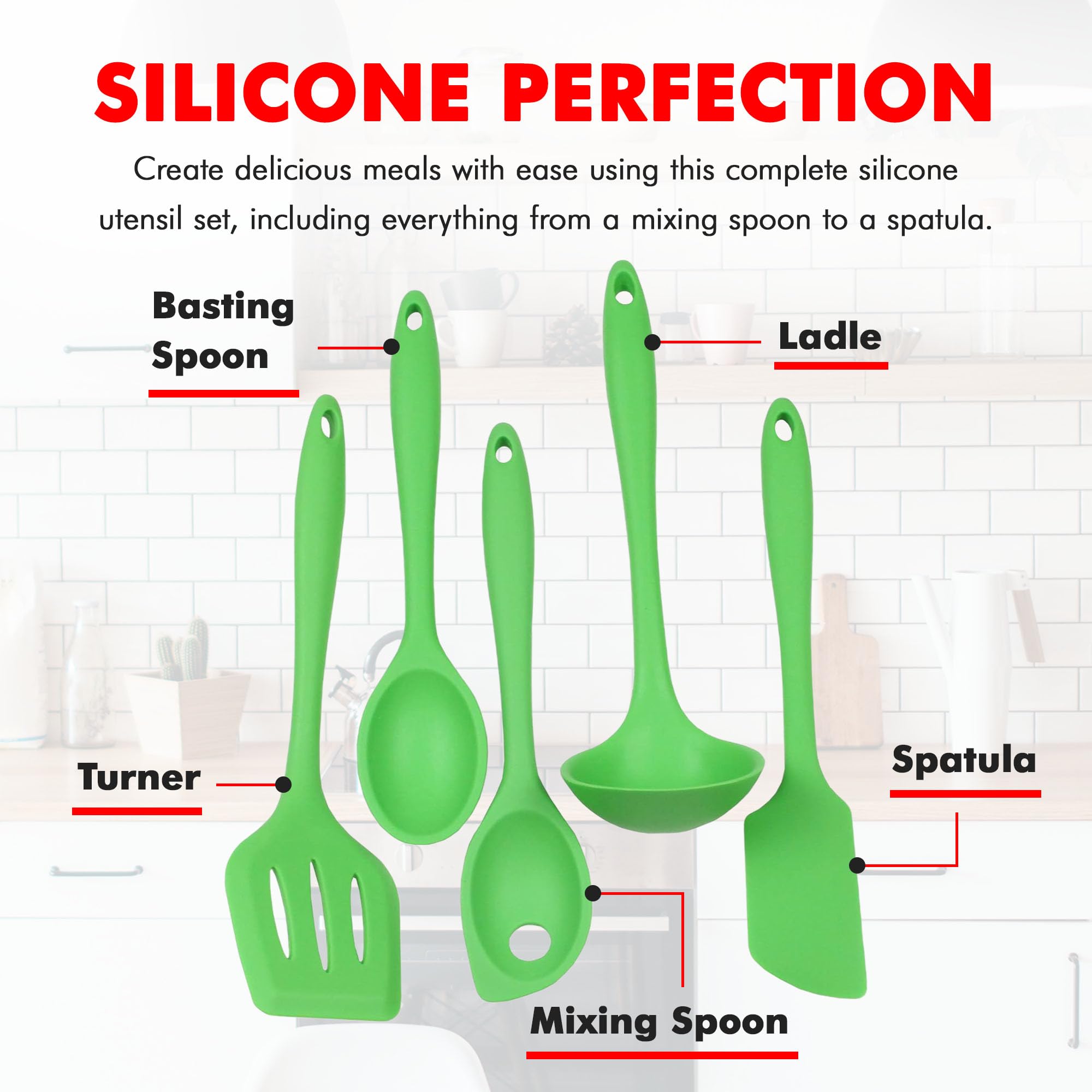 Chef Craft Premium Silicone Kitchen Tool And Utensil Set, 5 Piece, Green