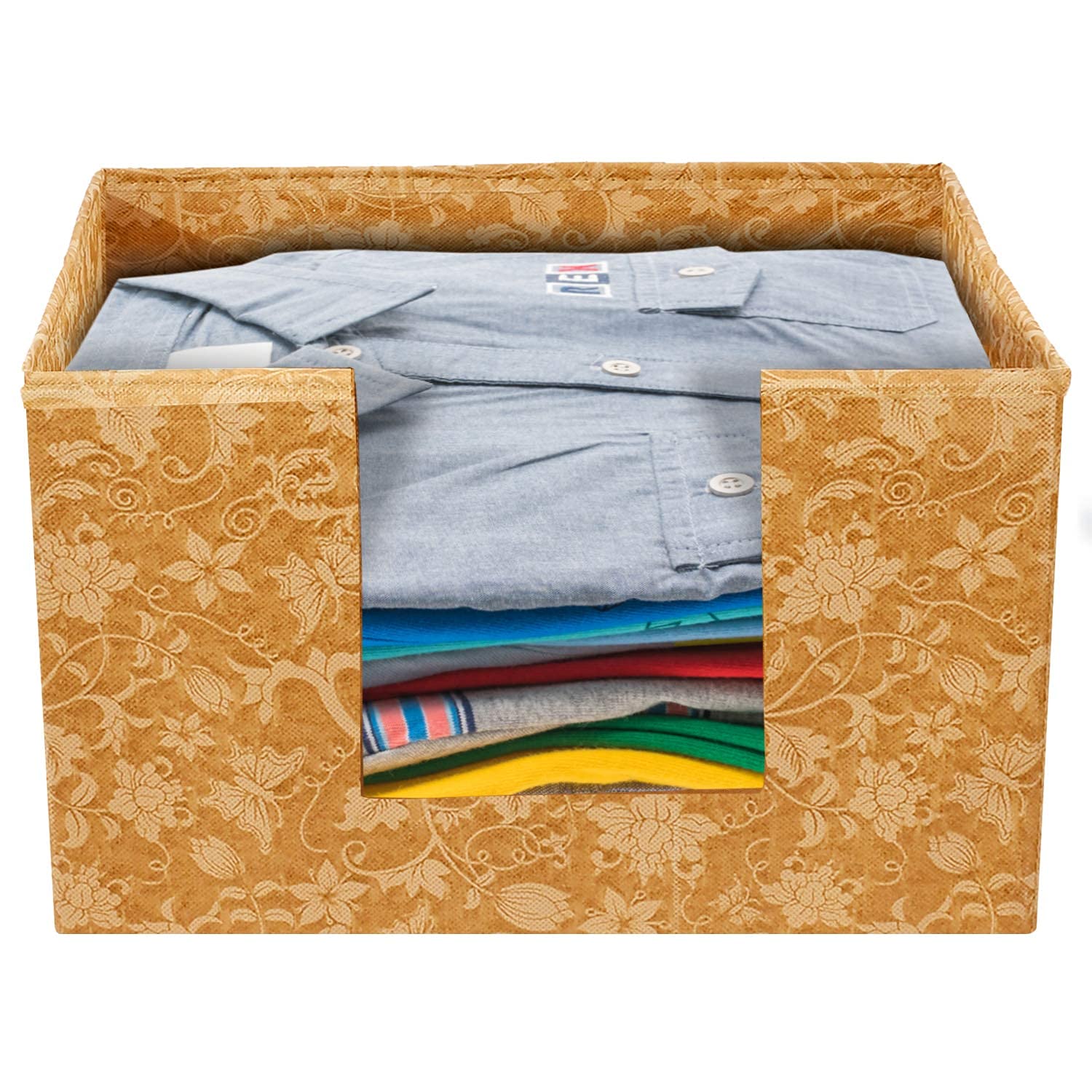 Kuber Industries Metalic Flower Print Non Woven Shirt Stacker Closet Organizer  Shirts And Clothing Organizer With Handle (Beig