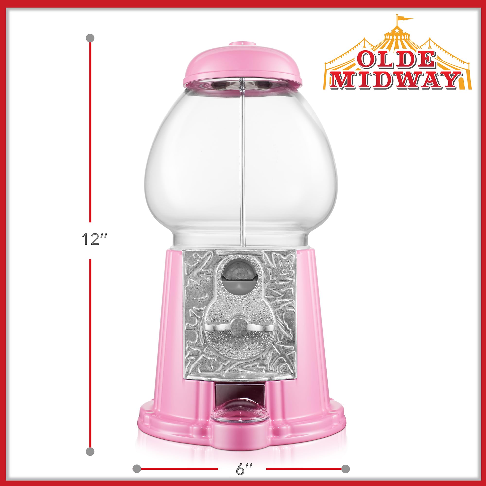 Olde Midway 12'' Gumball Machine With Glass Globe And Metal Base - Pink, Vintage-Style Bubble Gum Candy Dispenser