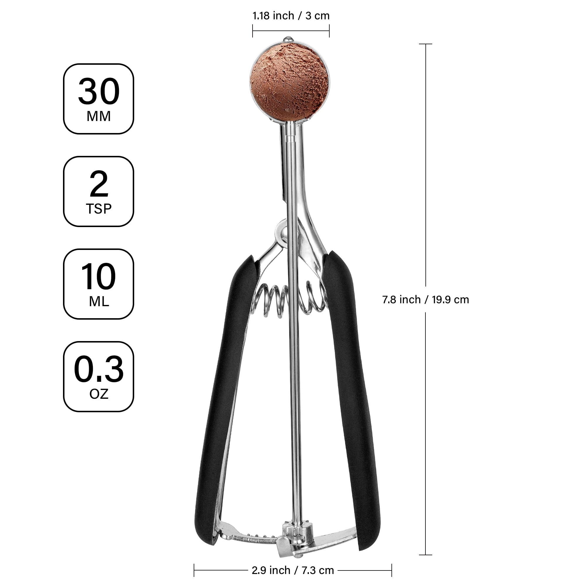 TJ POP Small Cookie Scoop - 2 tsp Professional Stainless Steel, 30 mm, Quick Trigger Release, Soft Grip, 7.87 x 2.83 x 1.18 inches