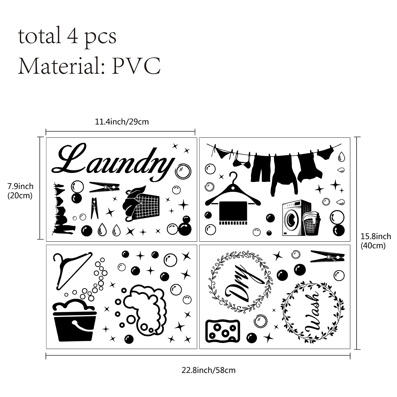 Creatcabin 4Pcs Laundry Room Vinyl Wall Decals Wash Dry Quote Washing Machine Dryer Wall Stickers Self-Adhesive Peel And Stick M