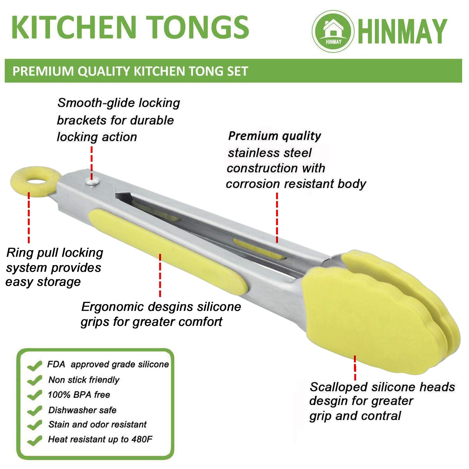 Hinmay Mini Tongs With Silicone Tips 7-Inch Small Serving Tongs, Set Of 3 (Yellow)