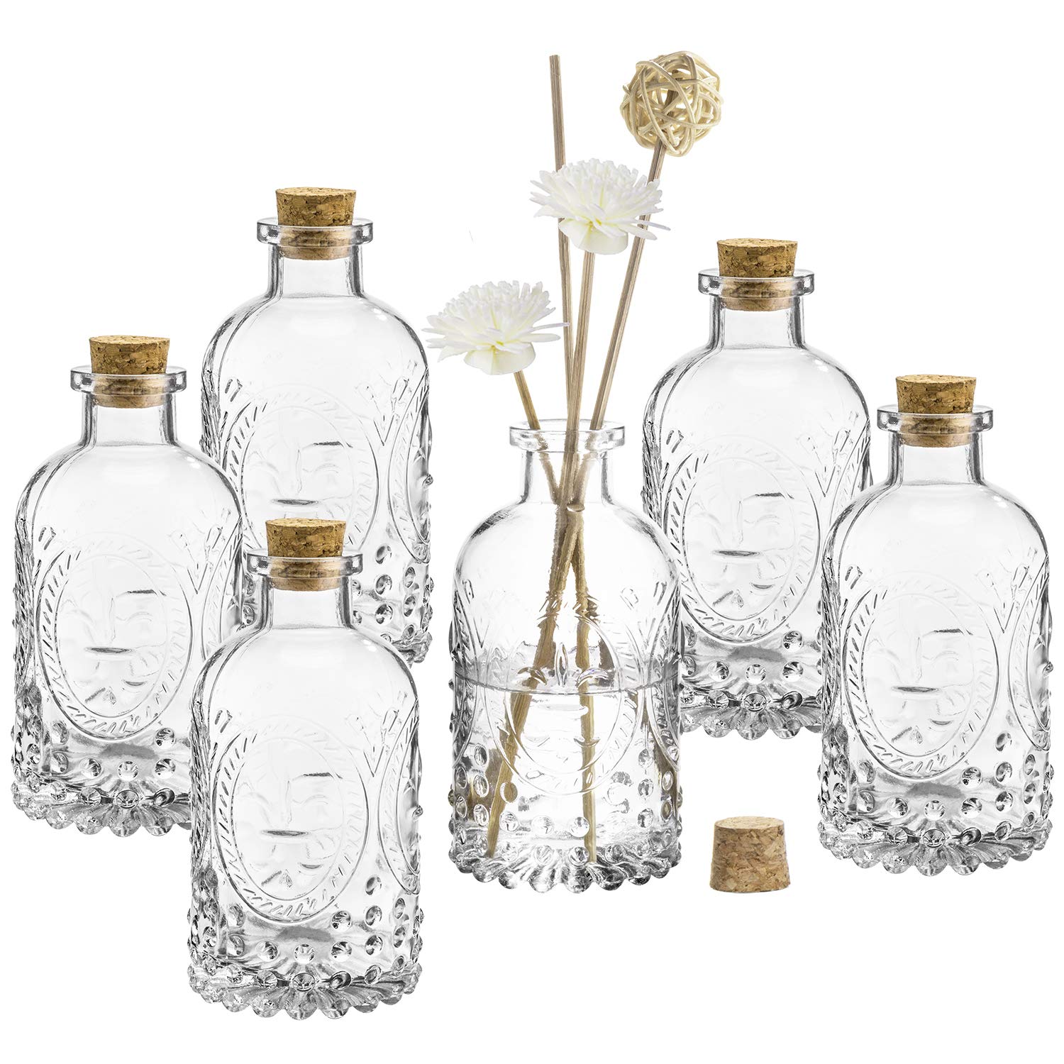 MyGift Vintage Design Embossed Fleur De Lis Clear Glass Bottles with Cork Lid, Apothecary Flower Bud Vases, Set of 6