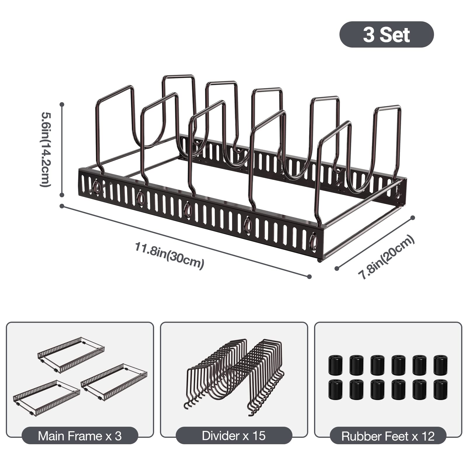 Puricon 15 Adjustable Dividers Pot Rack Pan Lid Organizer, 3 In 1 Skillet Griddle Cutting Board Baking Holder, 3 Pack Cookware F