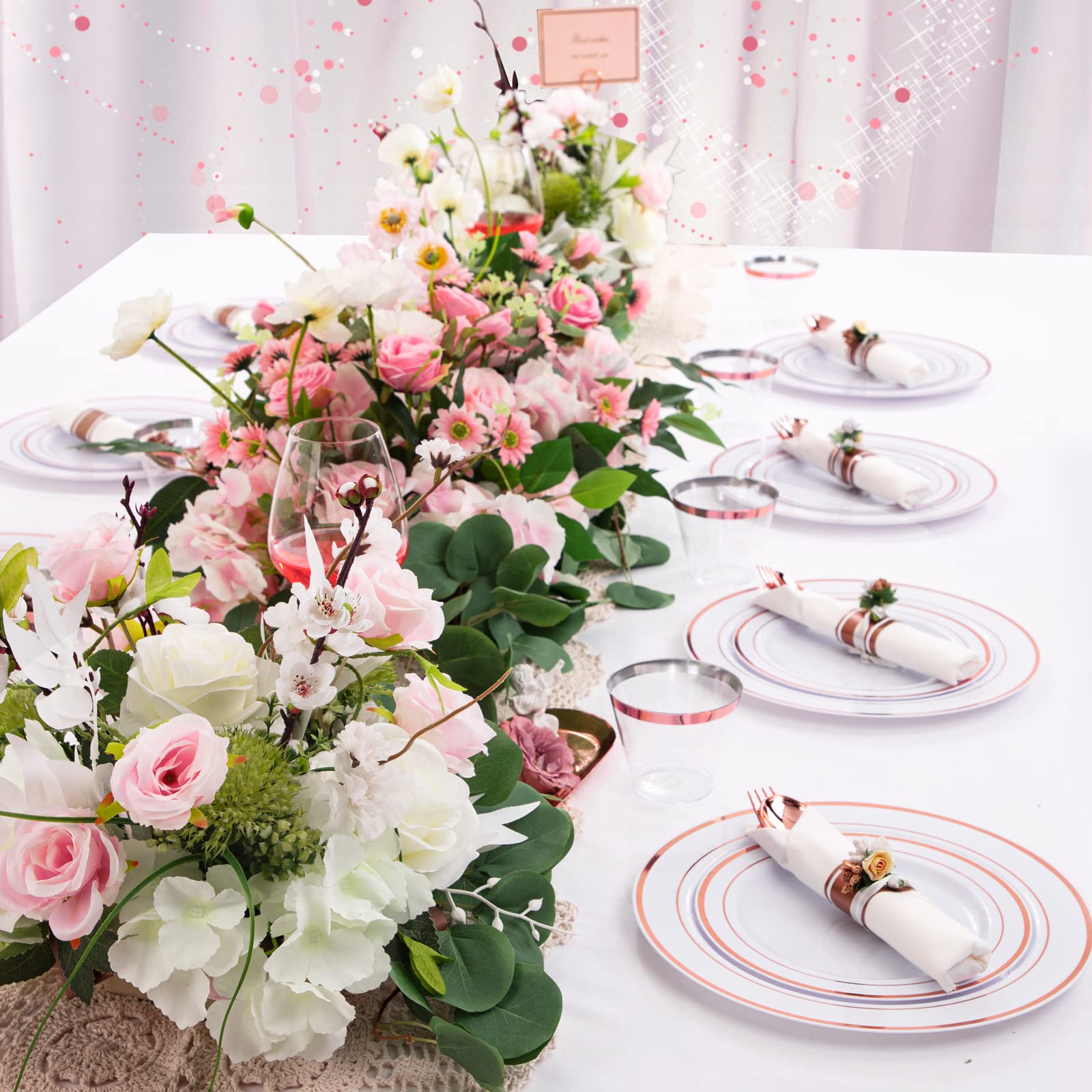 Wellife 350 Pieces Valentines Rose Gold Plastic Dinnerware, 50 Guests Disposable Plates With Rose Gold Silverware And Cups, 50 P