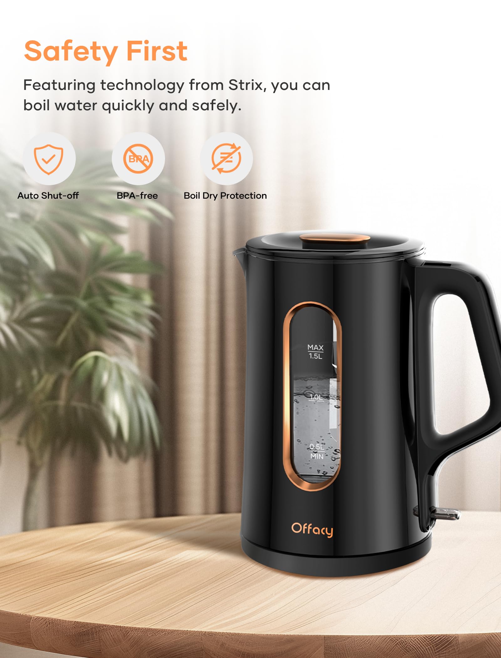 Offacy Electric Kettle, Tea Kettle Pot, Double Wall Glass Inner 1.5L/1200W, Hot Water Kettle Teapot Boiler & Heater With Automat