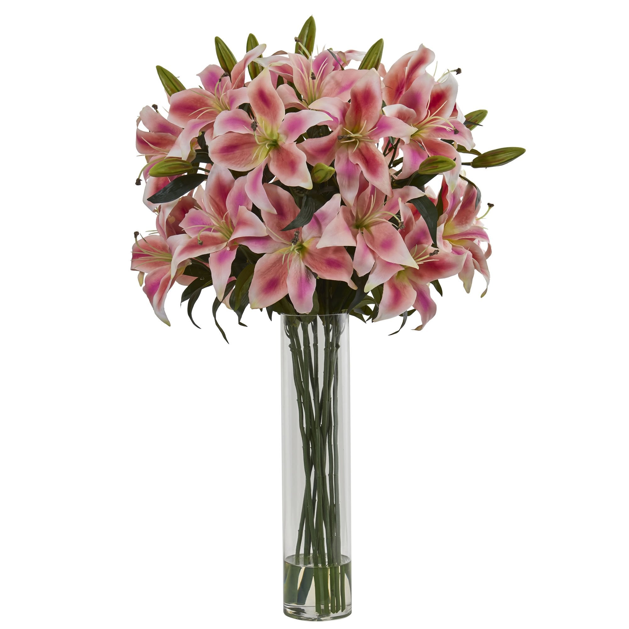 Nearly Natural Rubrum Lily Arrangement in Cylinder Vase Artificial Plant, Pink