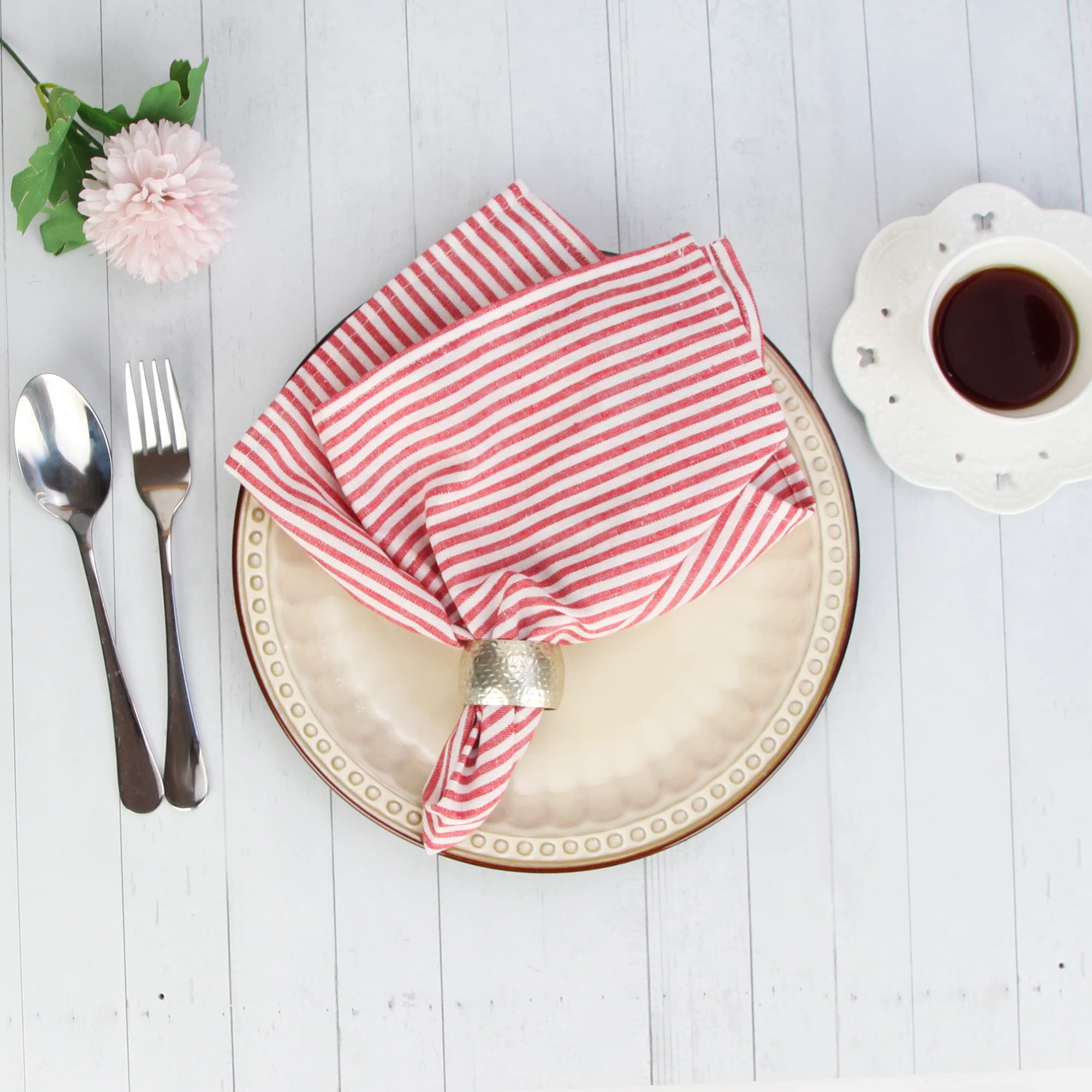 Infei Plain Striped Cotton Linen Blended Dinner Cloth Napkins - Set Of 12 (17 X 17 Inches) - For Events & Home Use (Red)