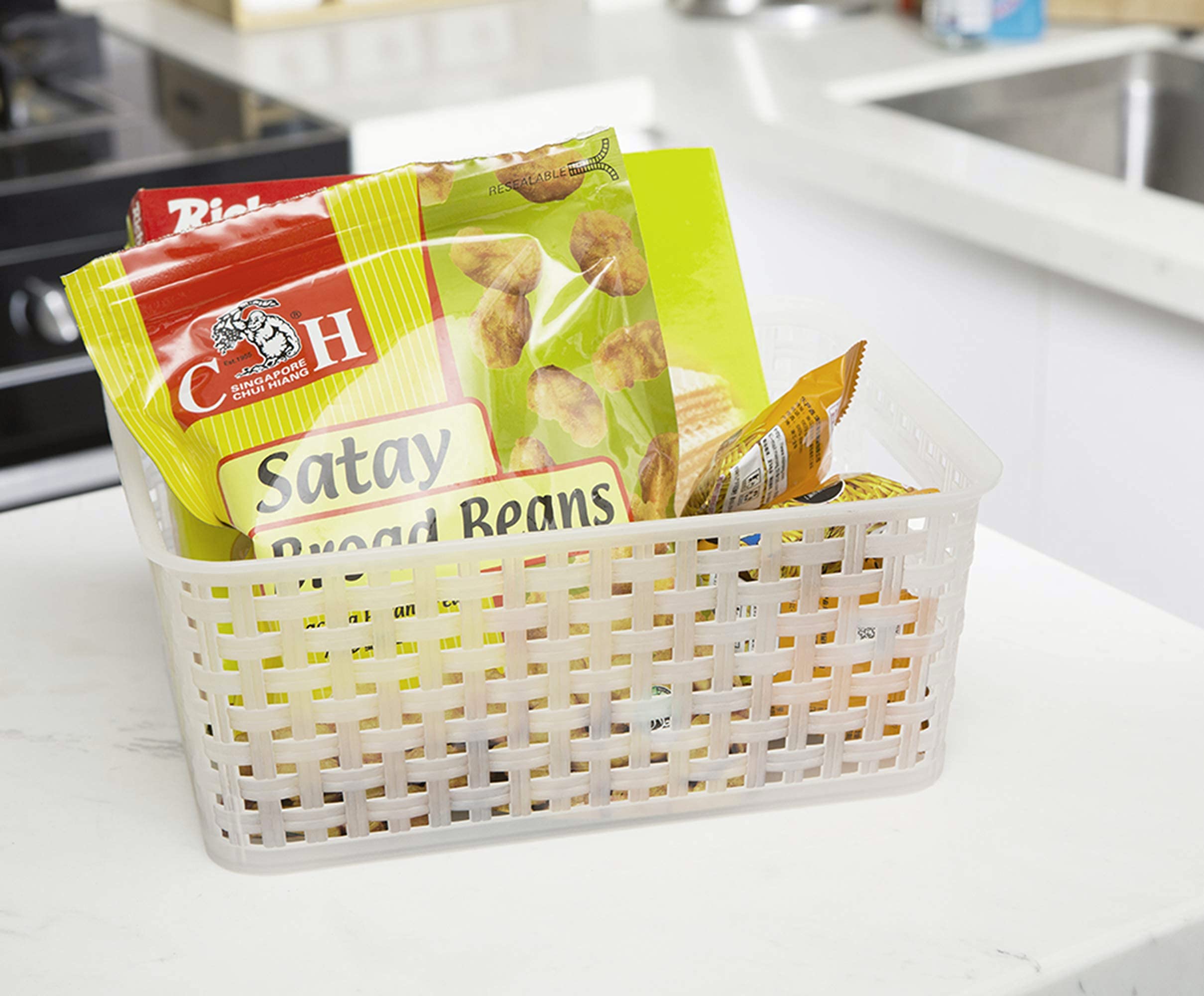 Clear Plastic Woven Storage Basket, 6-Pack Weave Basket Organizer For Kitchen Offices Bathrooms